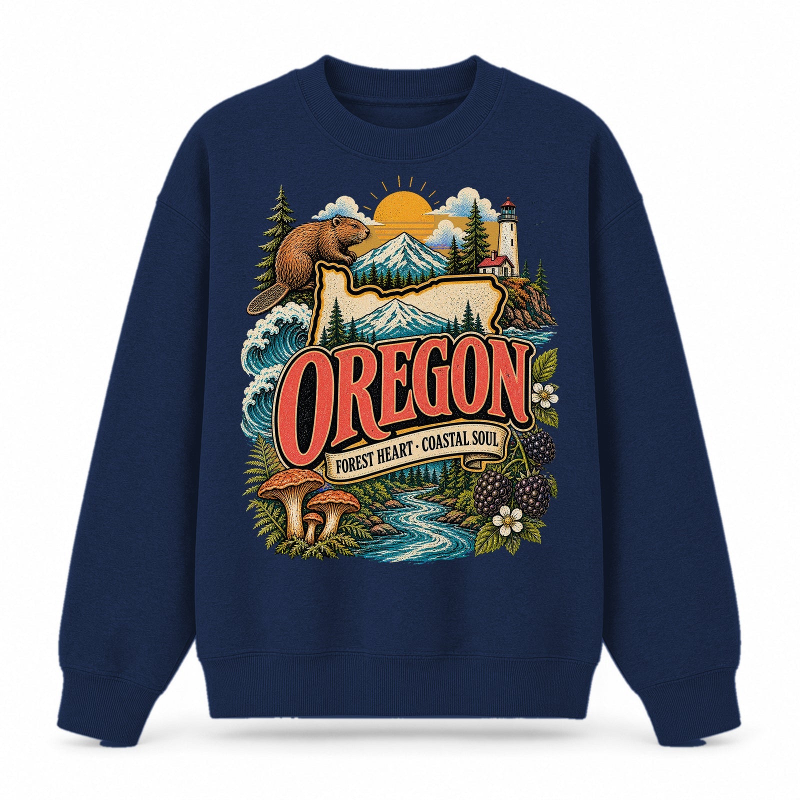 Colorful Oregon State Collage Crewneck Sweatshirt in Navy, front view on a white background