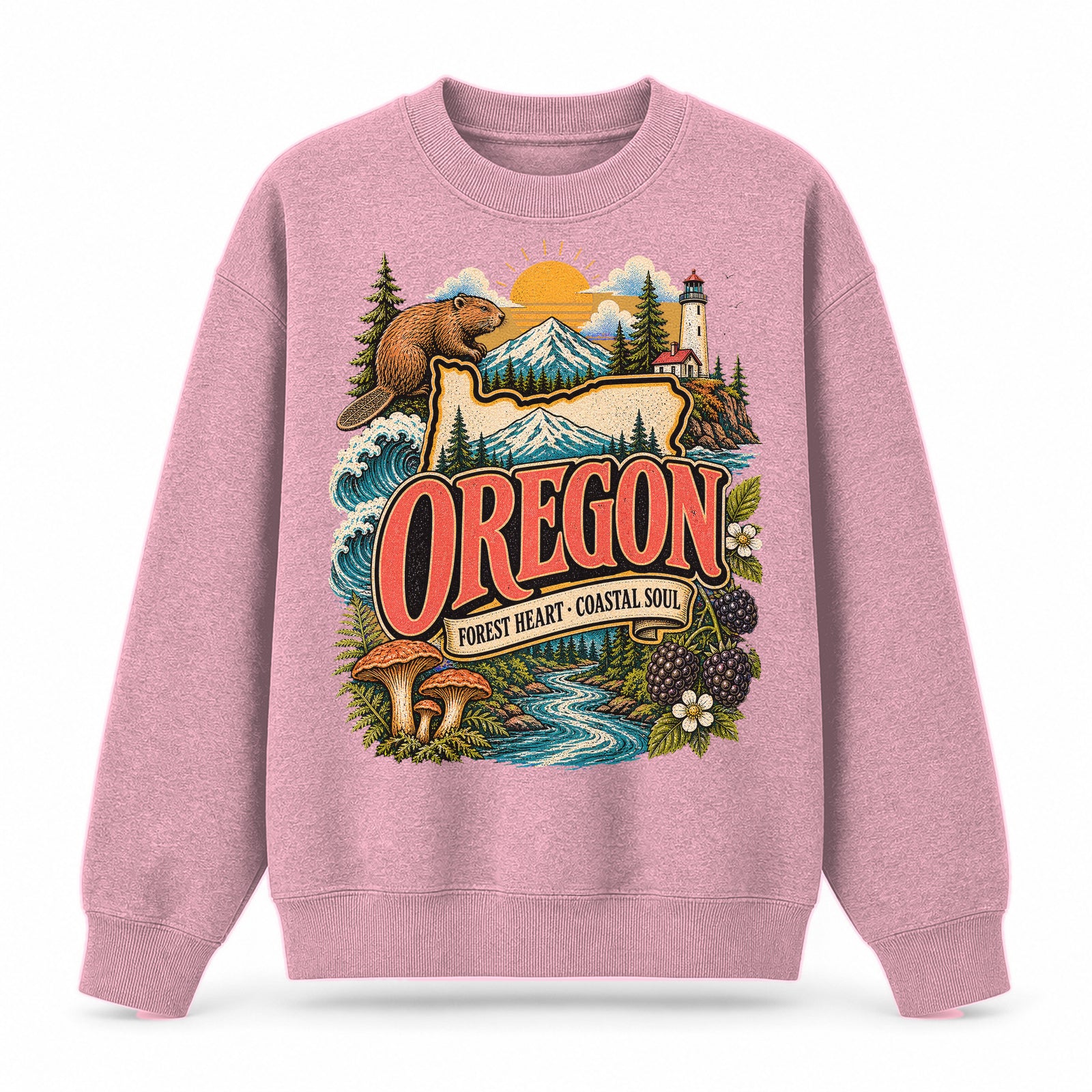 Colorful Oregon State Collage Crewneck Sweatshirt in Pink, front view on a white background