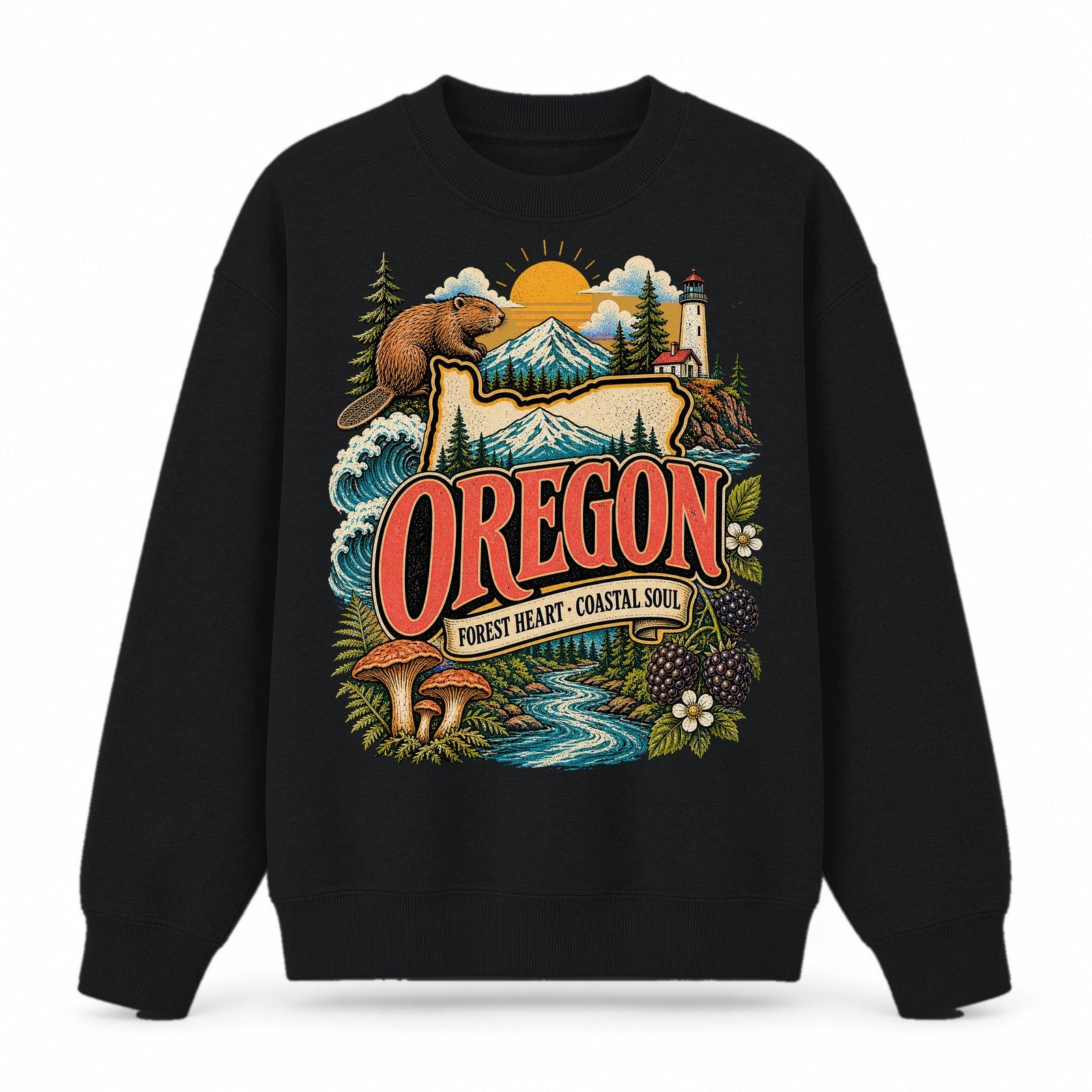 Colorful Oregon State Collage Crewneck Sweatshirt in Black, front view on a white background