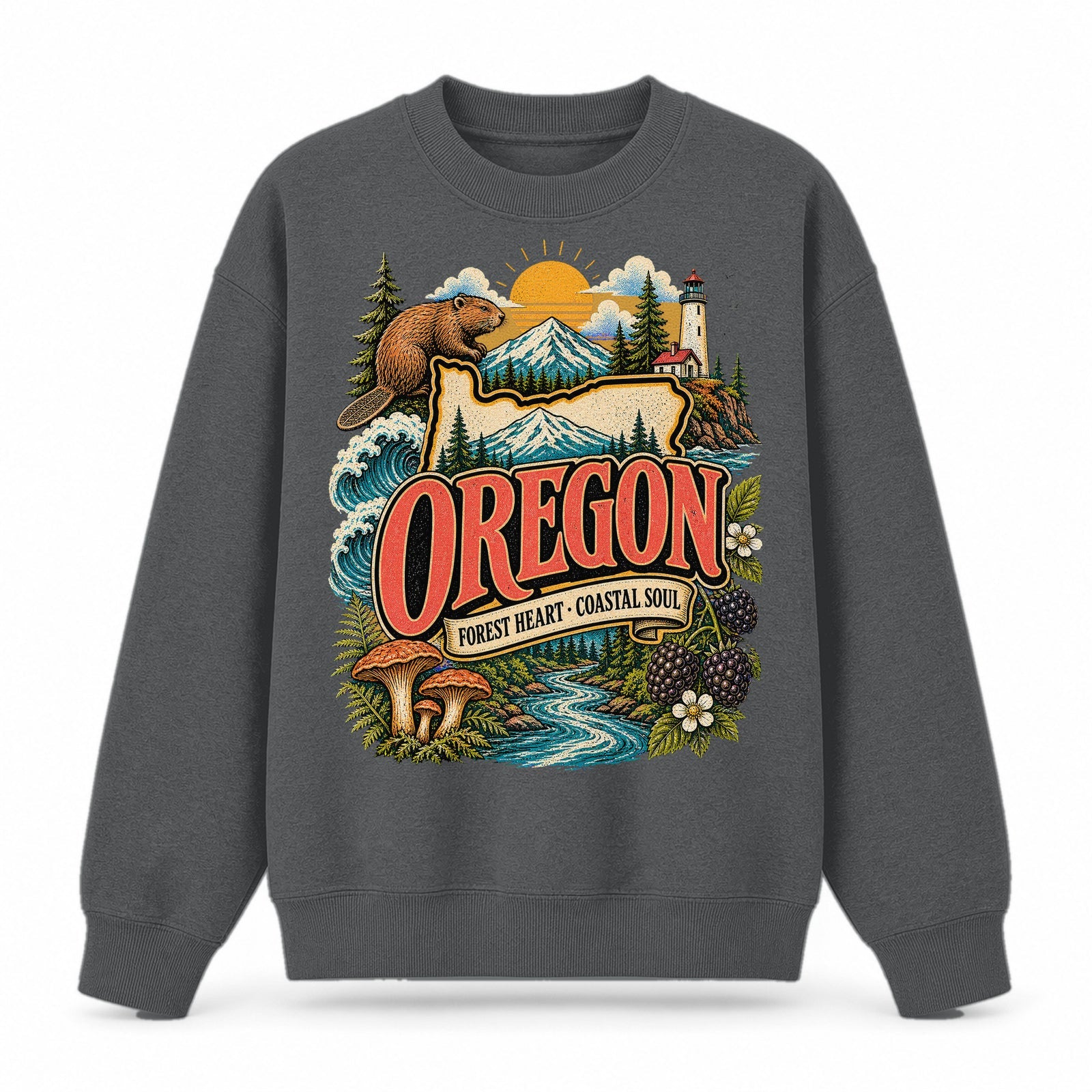 Colorful Oregon State Collage Crewneck Sweatshirt in Dark Gray, front view on a white background