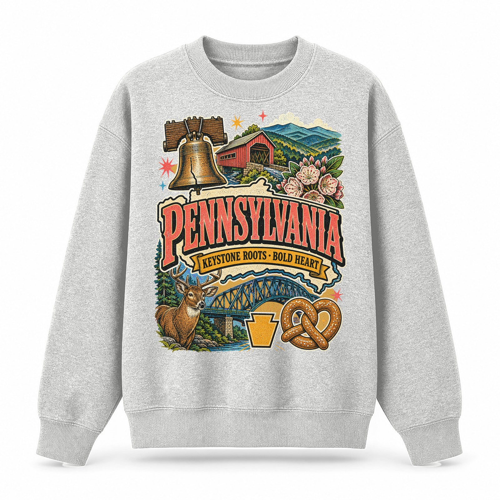 Colorful Pennsylvania State Collage Crewneck Sweatshirt in Light Gray, front view on a white background