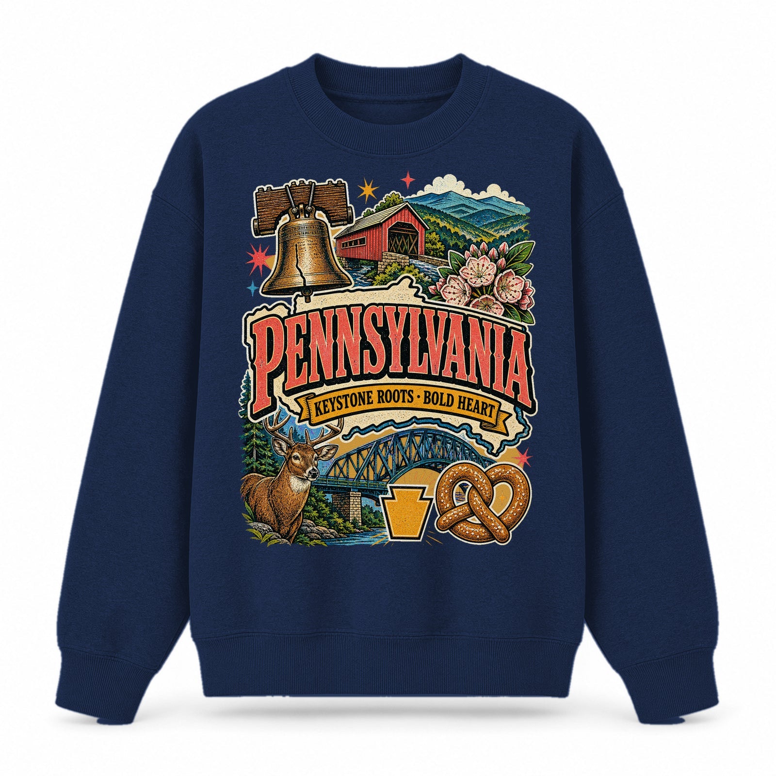 Colorful Pennsylvania State Collage Crewneck Sweatshirt in Navy, front view on a white background