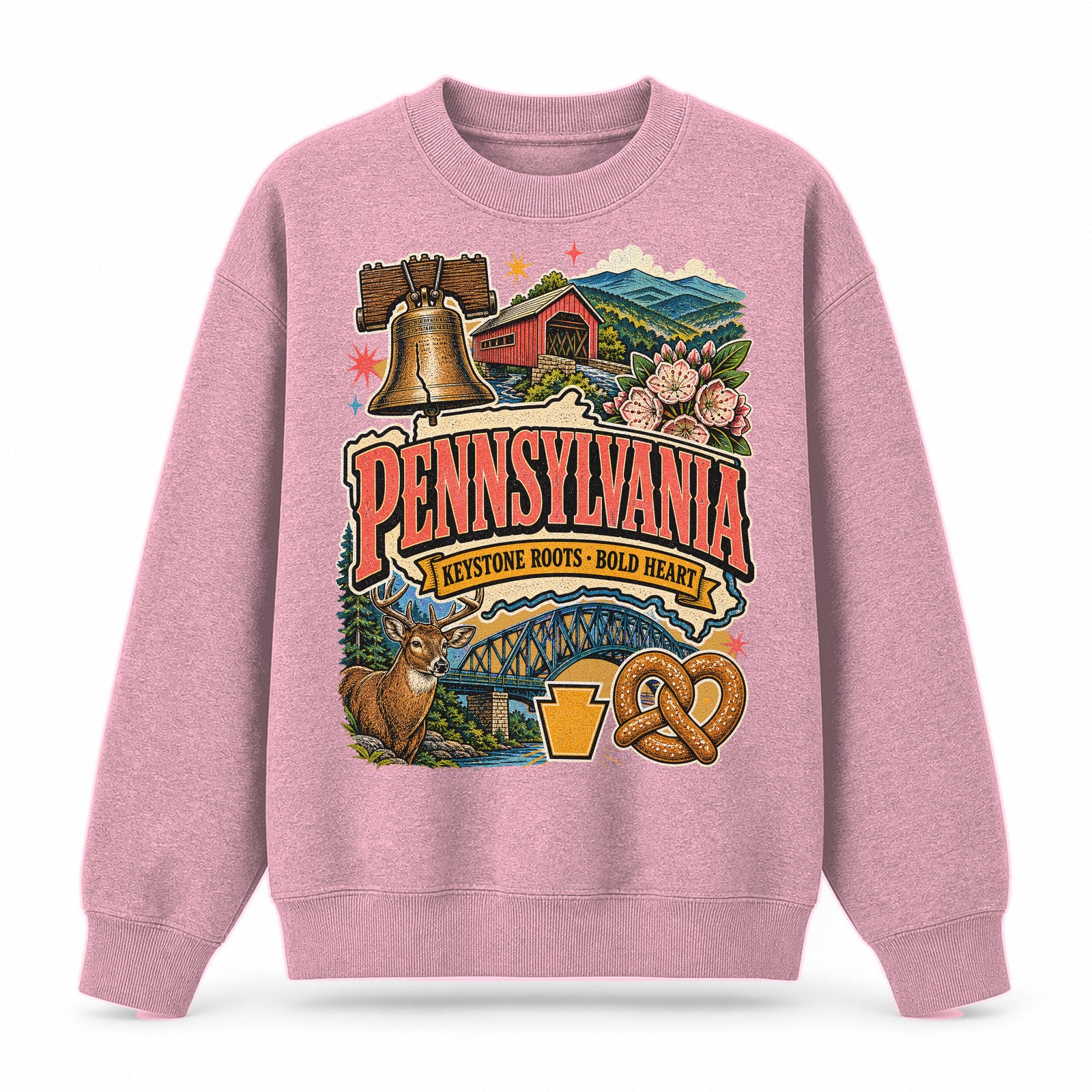 Colorful Pennsylvania State Collage Crewneck Sweatshirt in Pink, front view on a white background