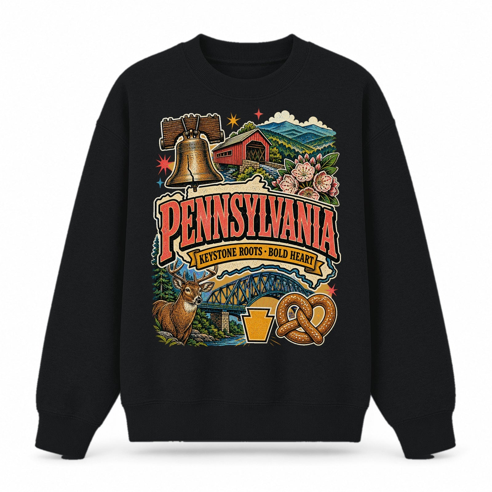Colorful Pennsylvania State Collage Crewneck Sweatshirt in Black, front view on a white background