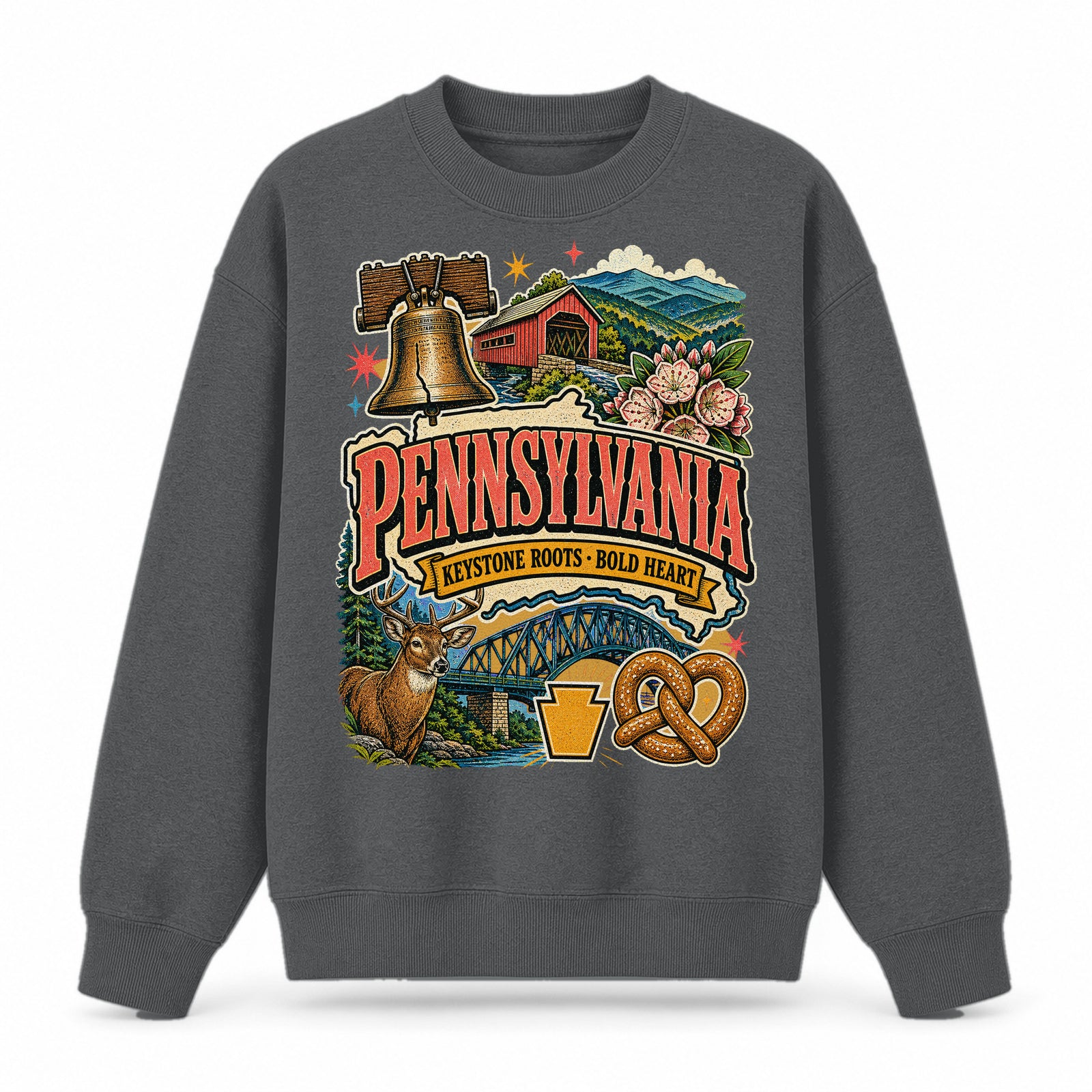 Colorful Pennsylvania State Collage Crewneck Sweatshirt in Dark Gray, front view on a white background
