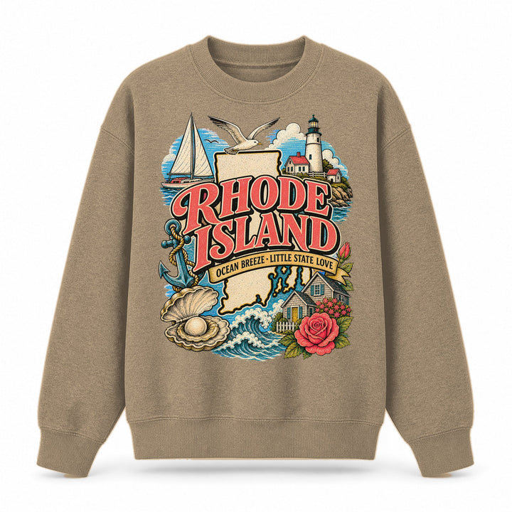 Colorful Rhode Island State Collage Crewneck Sweatshirt in Khaki, front view on a white background