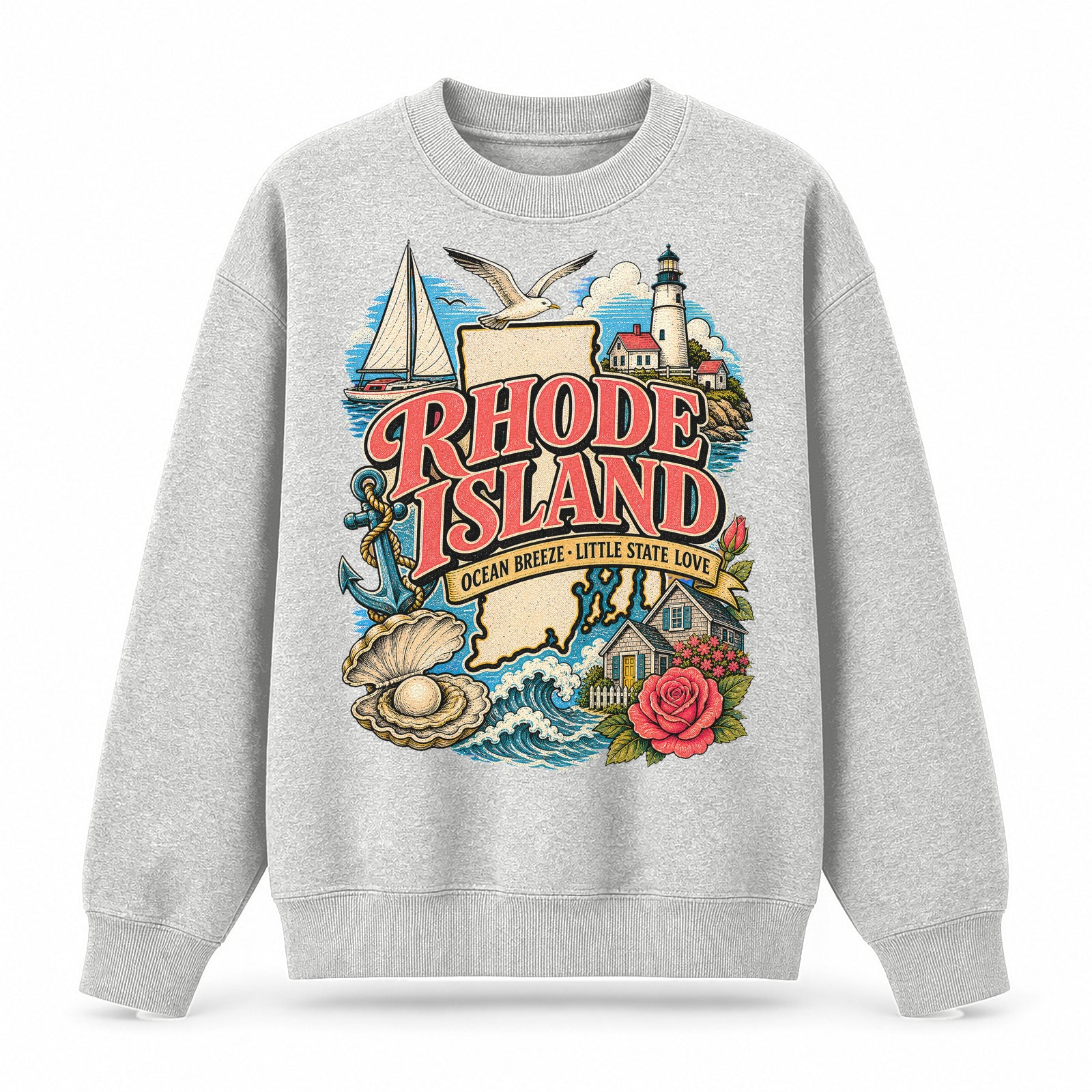 Colorful Rhode Island State Collage Crewneck Sweatshirt in Light Gray, front view on a white background