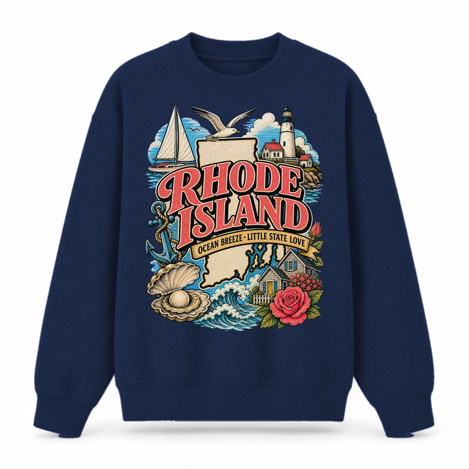 Colorful Rhode Island State Collage Crewneck Sweatshirt in Navy, front view on a white background