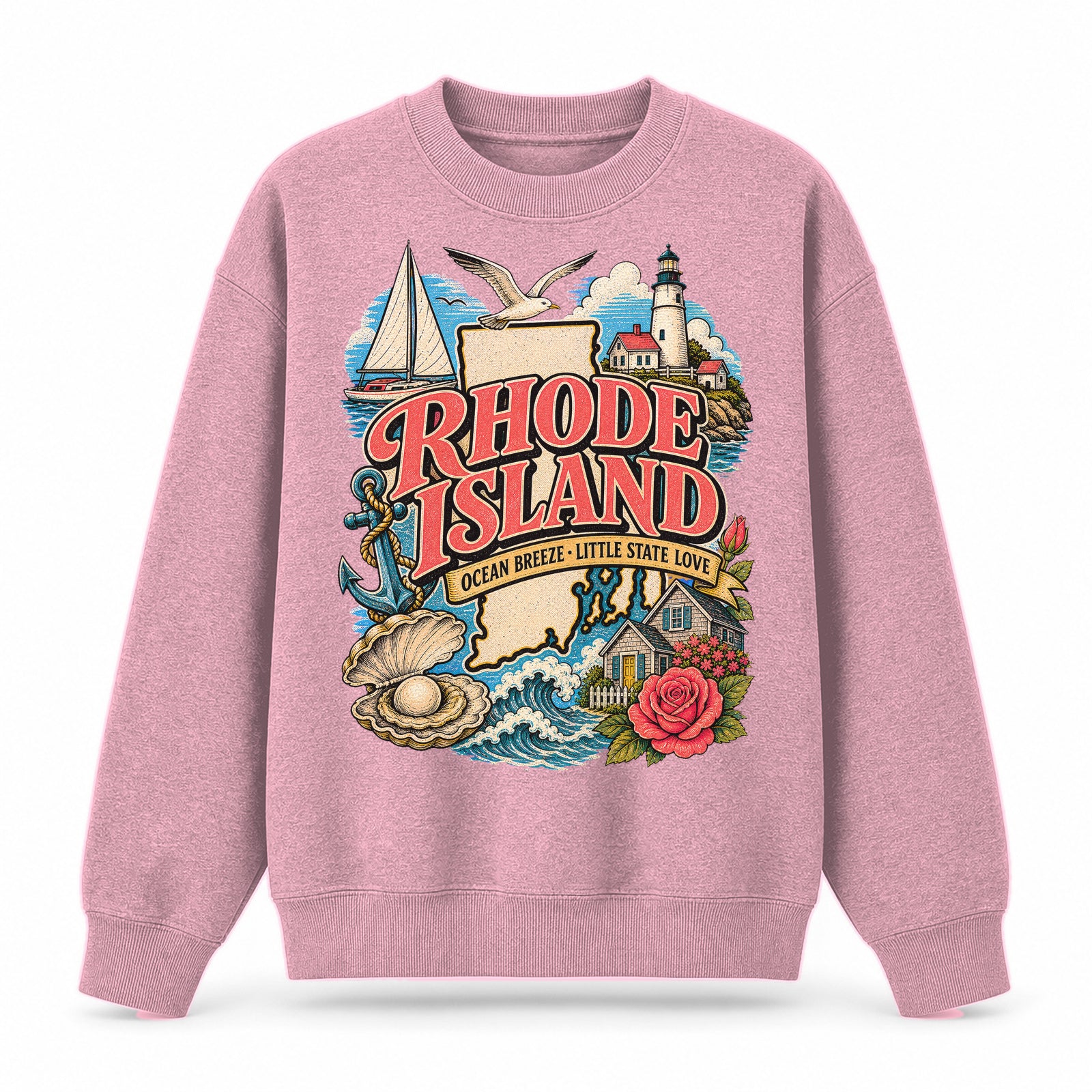Colorful Rhode Island State Collage Crewneck Sweatshirt in Pink, front view on a white background