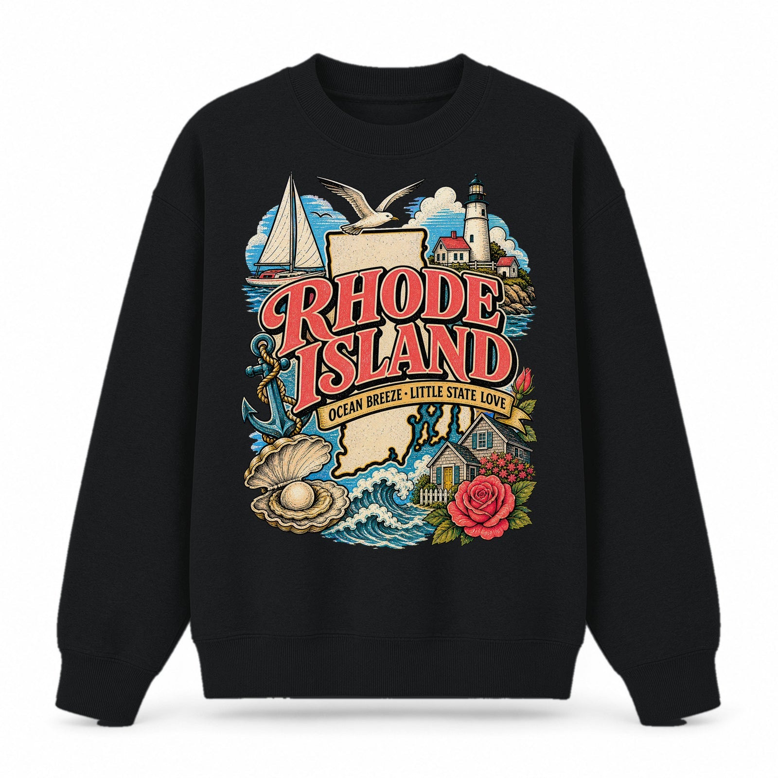 Colorful Rhode Island State Collage Crewneck Sweatshirt in Black, front view on a white background