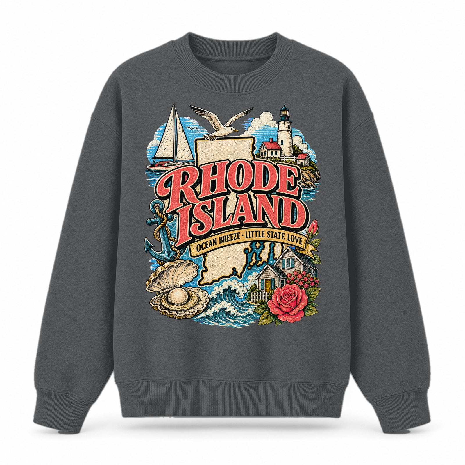 Colorful Rhode Island State Collage Crewneck Sweatshirt in Dark Gray, front view on a white background