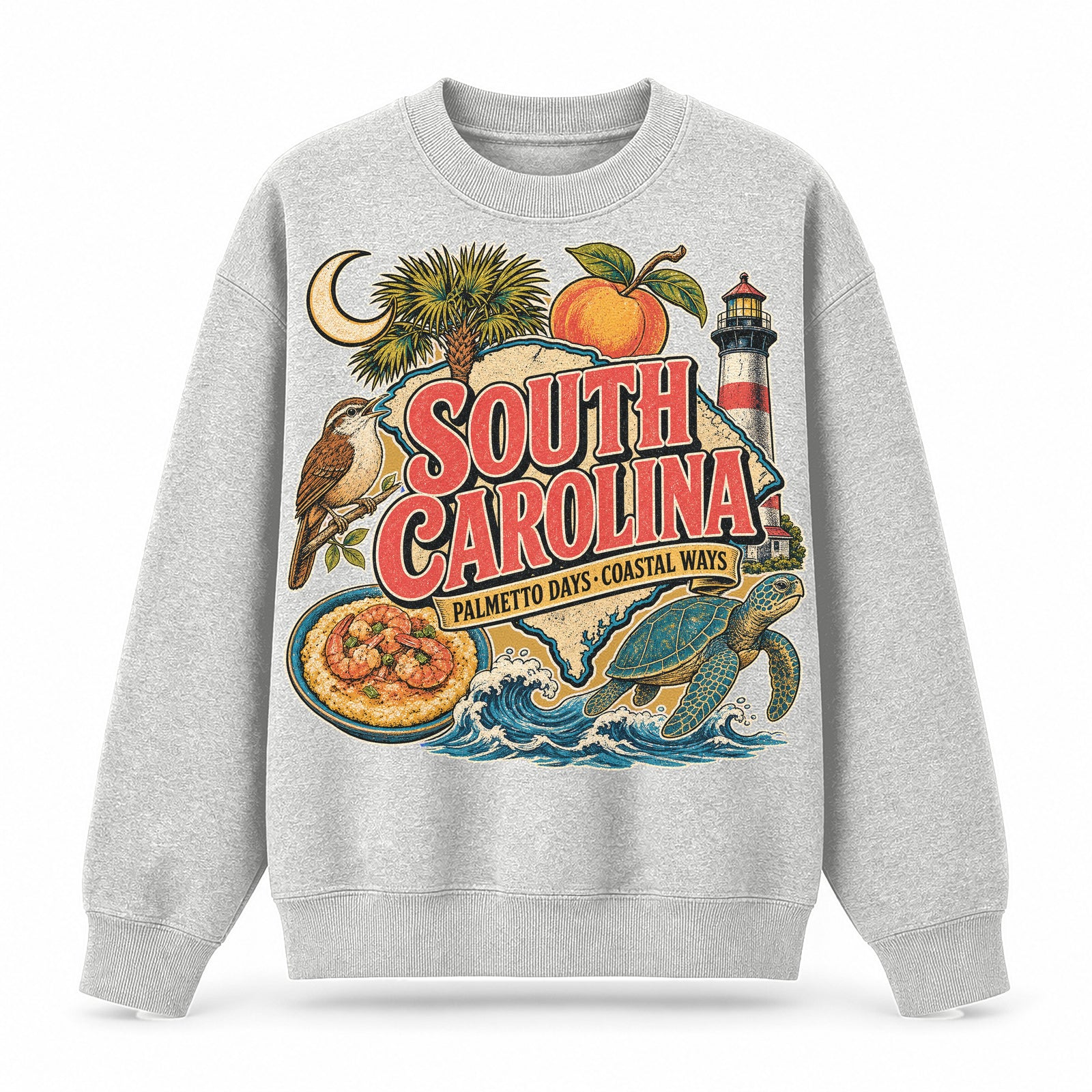 Colorful South Carolina State Collage Crewneck Sweatshirt in Light Gray, front view on a white background