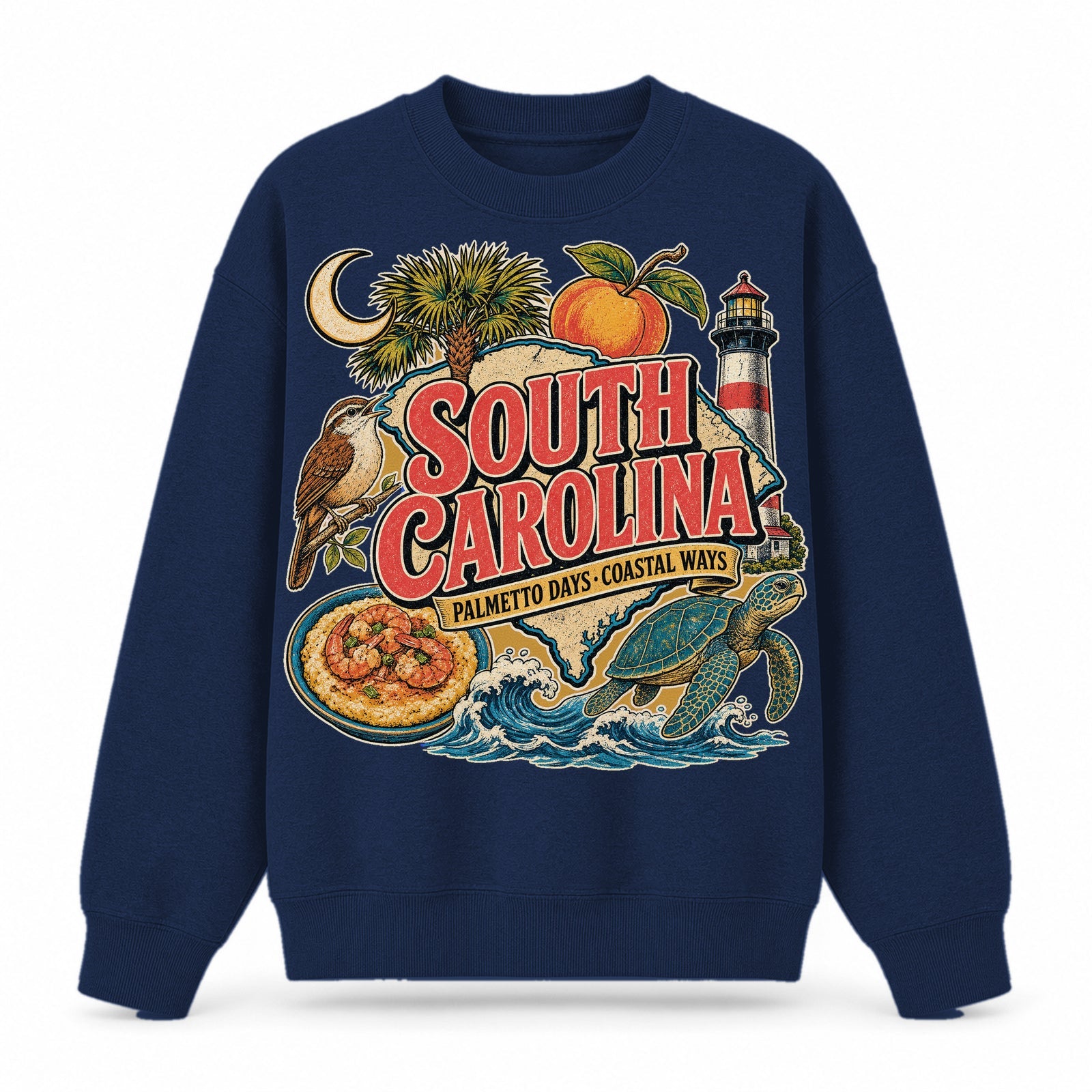 Colorful South Carolina State Collage Crewneck Sweatshirt in Navy, front view on a white background