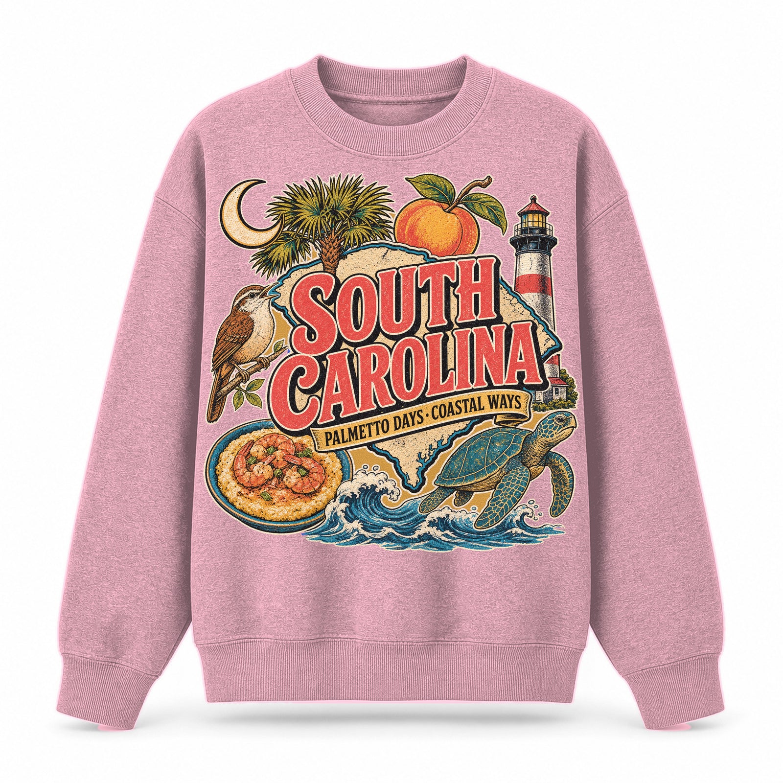 Colorful South Carolina State Collage Crewneck Sweatshirt in Pink, front view on a white background