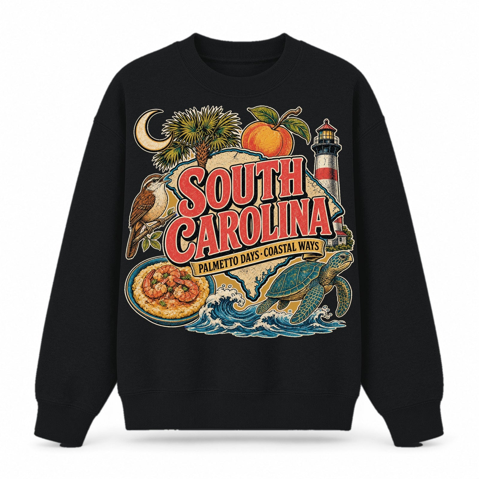 Colorful South Carolina State Collage Crewneck Sweatshirt in Black, front view on a white background