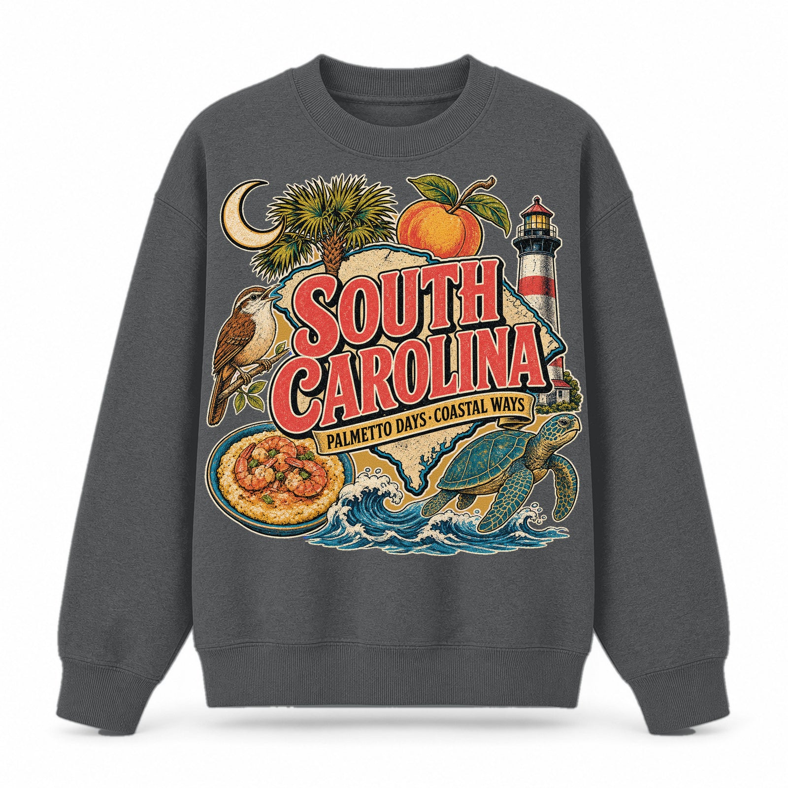 Colorful South Carolina State Collage Crewneck Sweatshirt in Dark Gray, front view on a white background