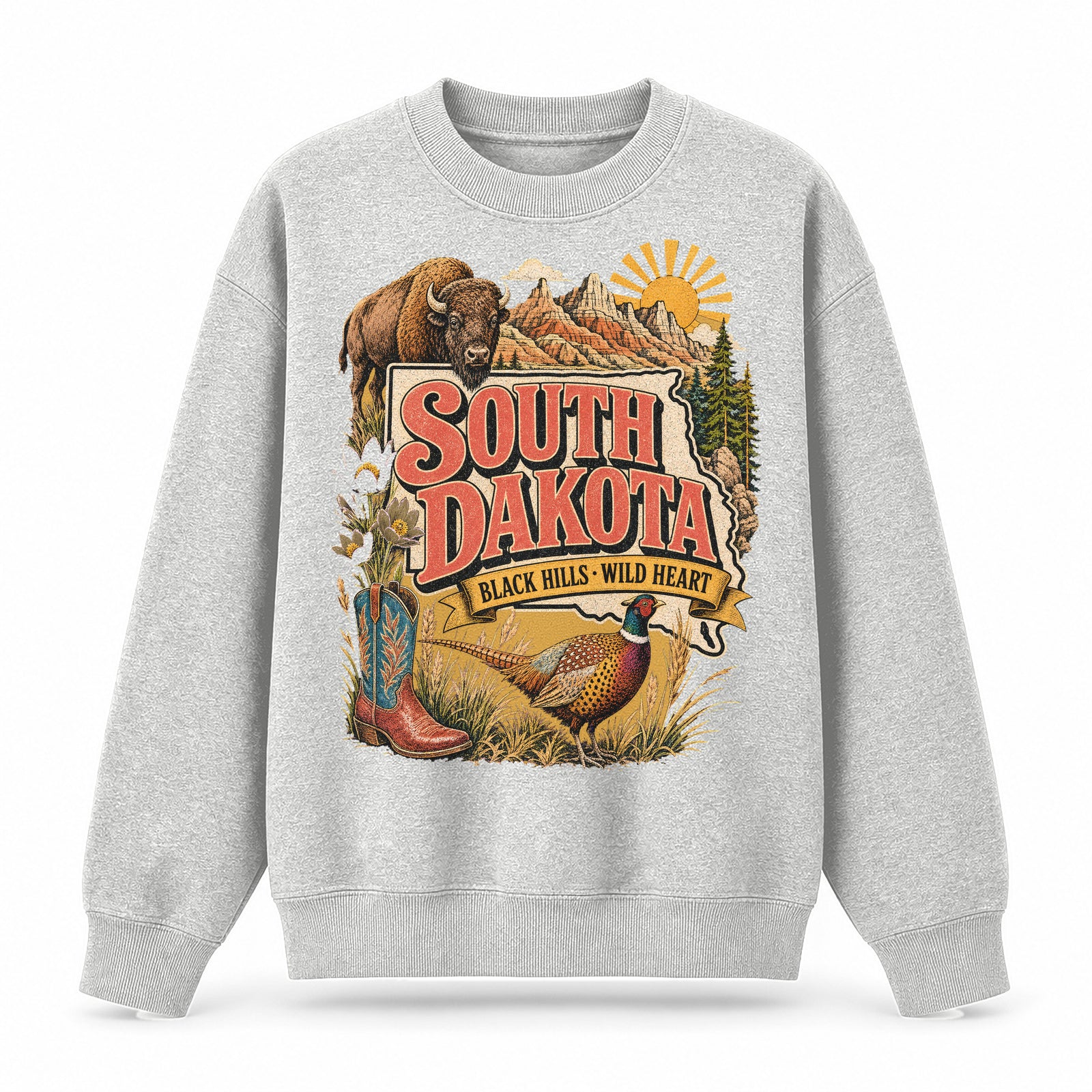 Colorful South Dakota State Collage Crewneck Sweatshirt in Light Gray, front view on a white background