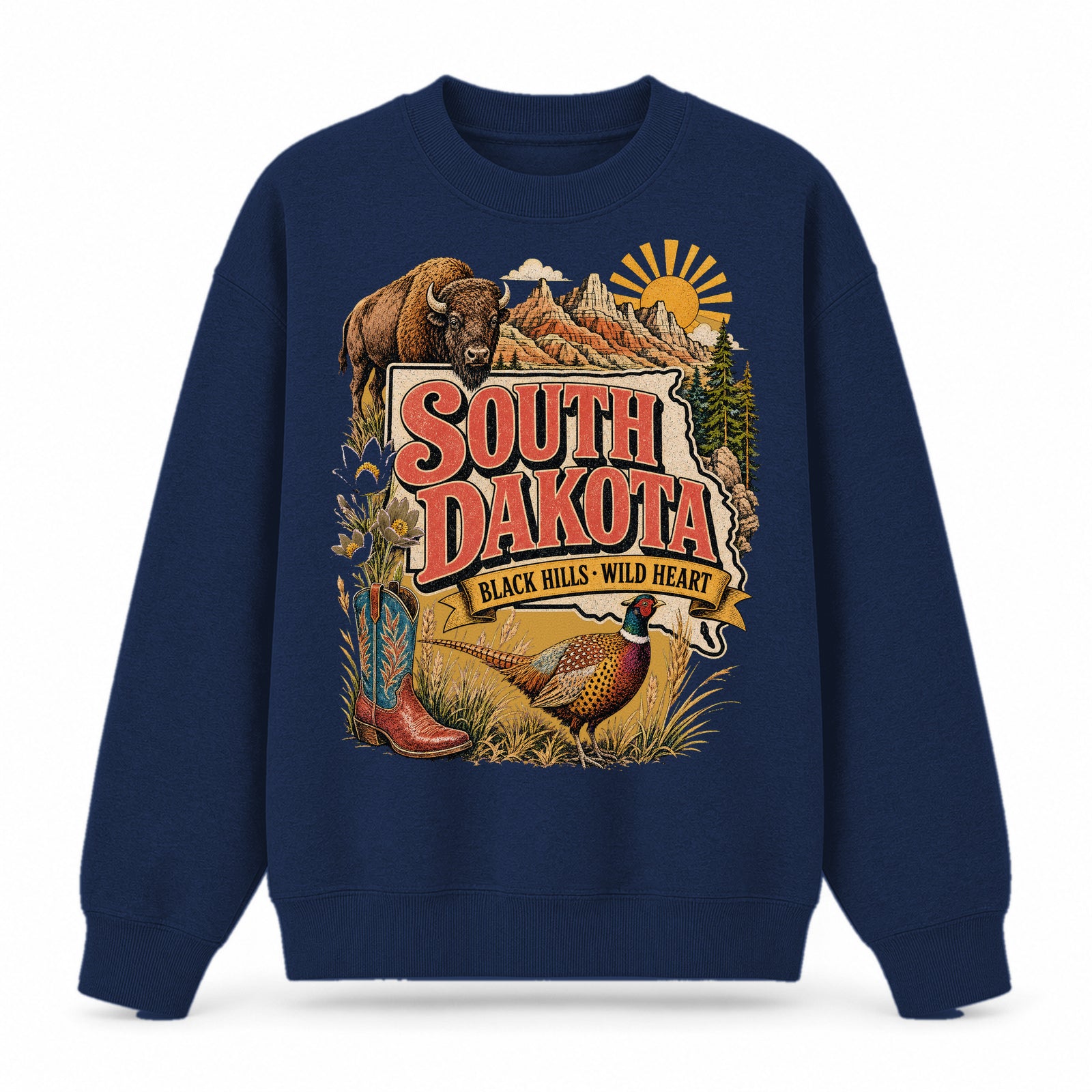 Colorful South Dakota State Collage Crewneck Sweatshirt in Navy, front view on a white background