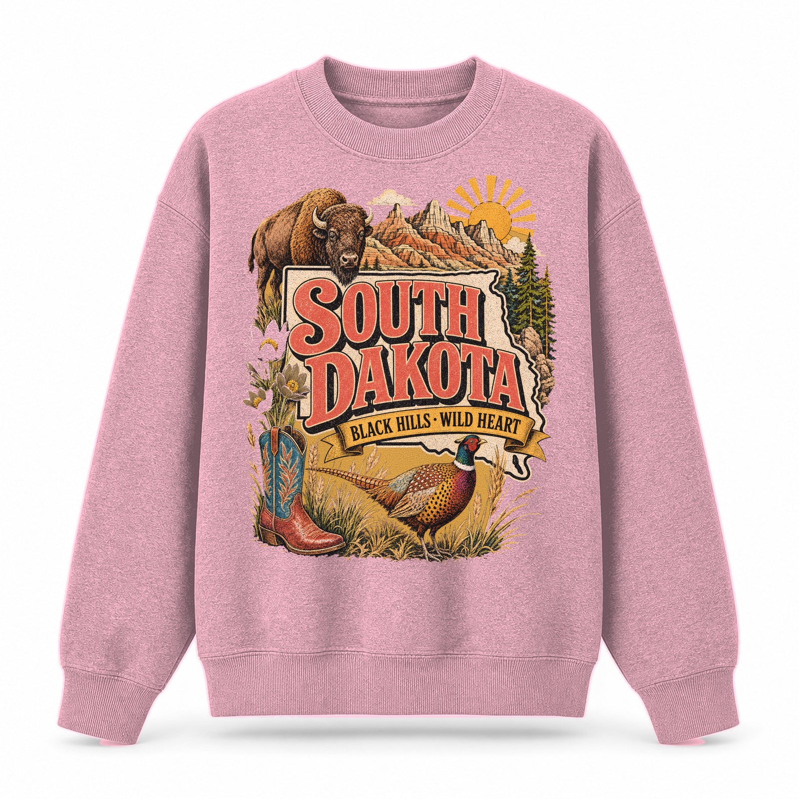 Colorful South Dakota State Collage Crewneck Sweatshirt in Pink, front view on a white background