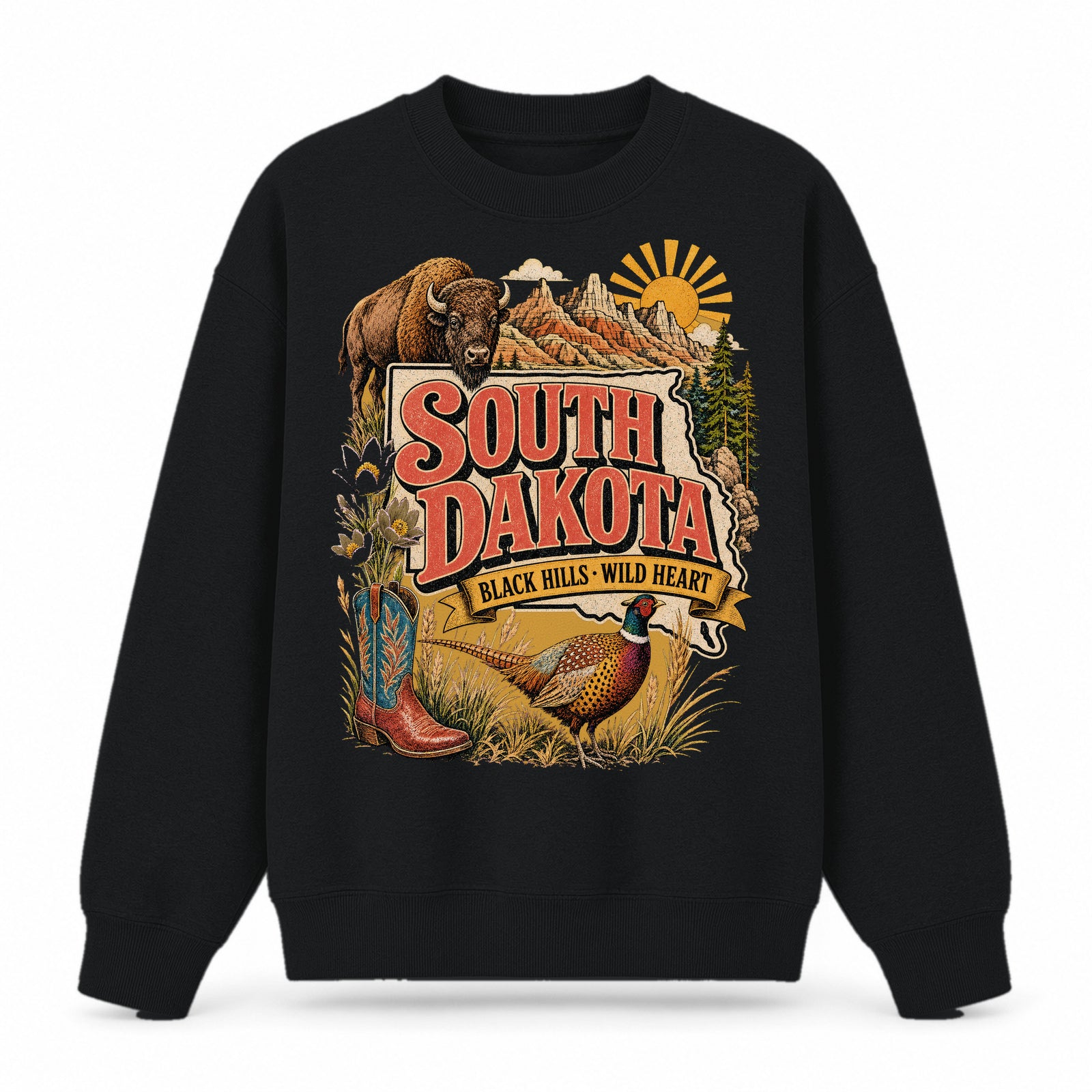 Colorful South Dakota State Collage Crewneck Sweatshirt in Black, front view on a white background