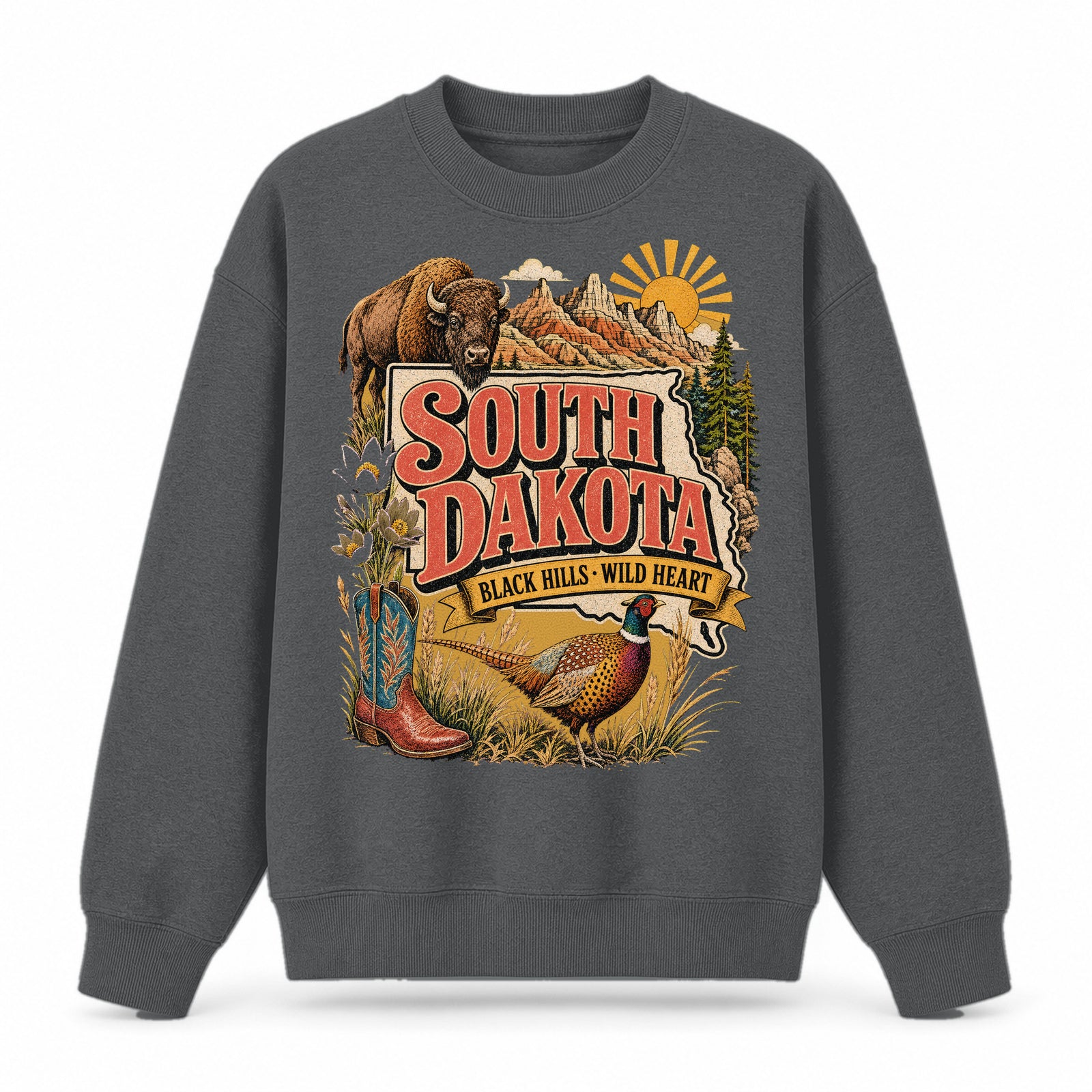 Colorful South Dakota State Collage Crewneck Sweatshirt in Dark Gray, front view on a white background