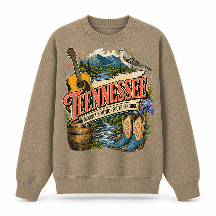 Colorful Tennessee State Collage Crewneck Sweatshirt in Khaki, front view on a white background