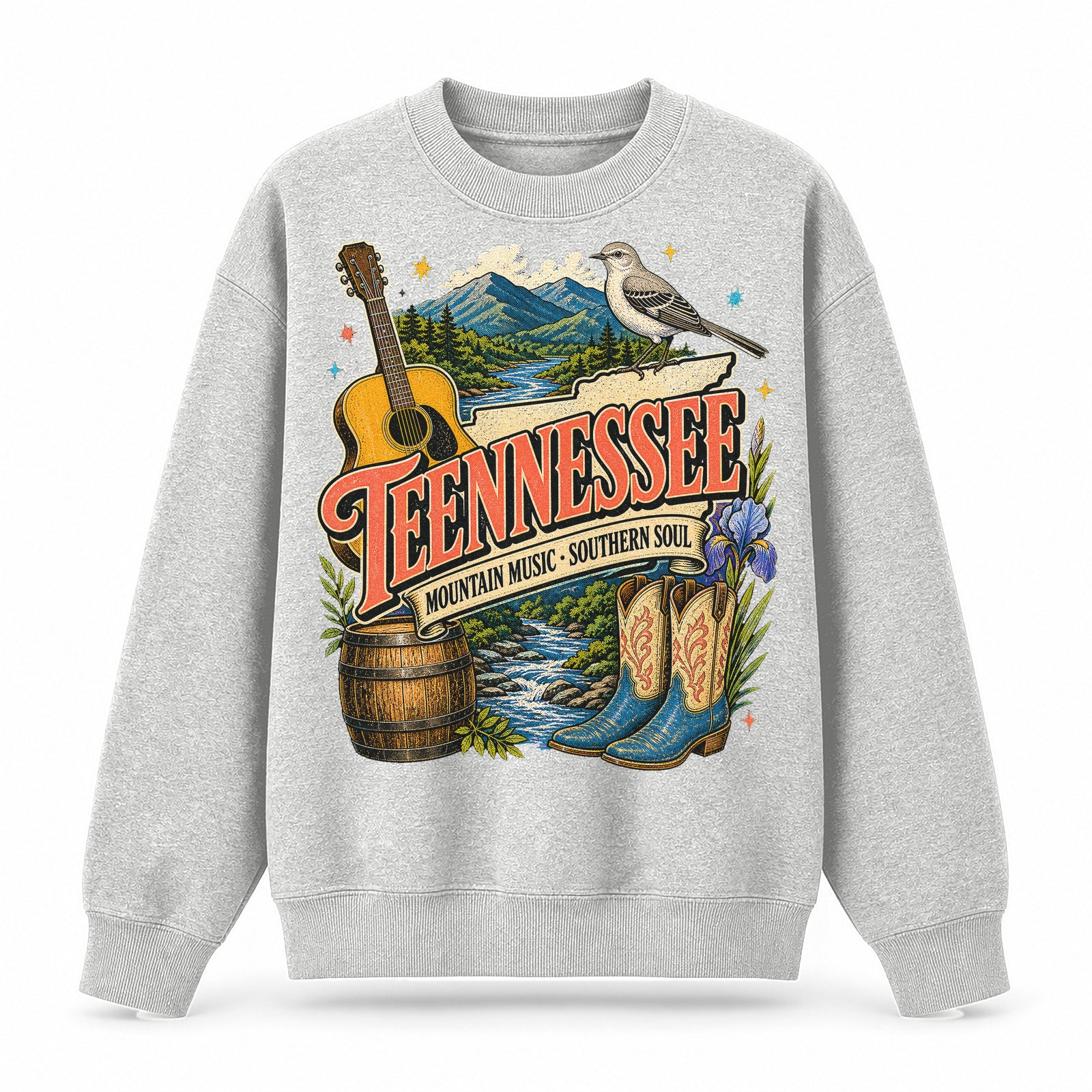Colorful Tennessee State Collage Crewneck Sweatshirt in Light Gray, front view on a white background