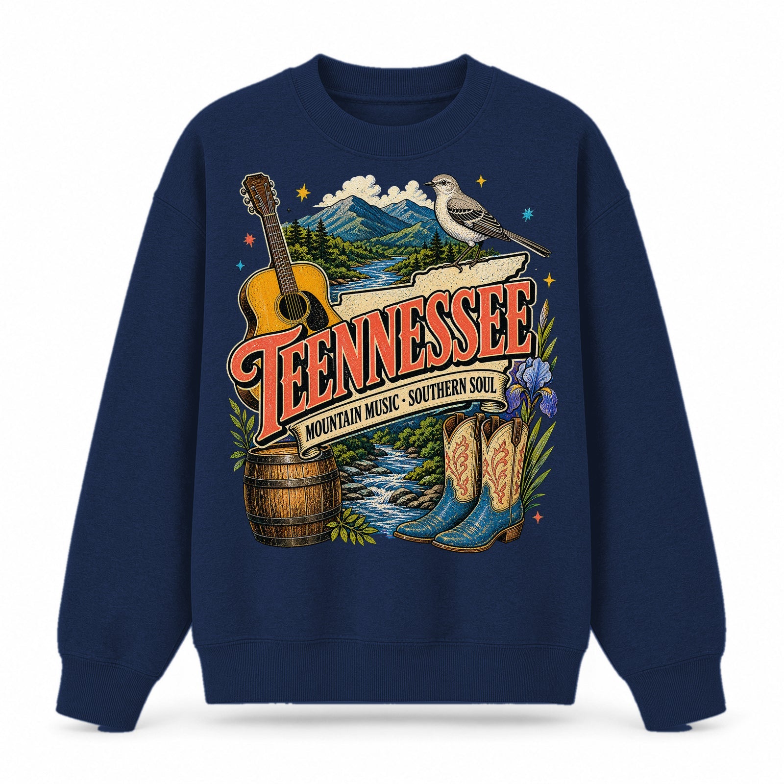 Colorful Tennessee State Collage Crewneck Sweatshirt in Navy, front view on a white background