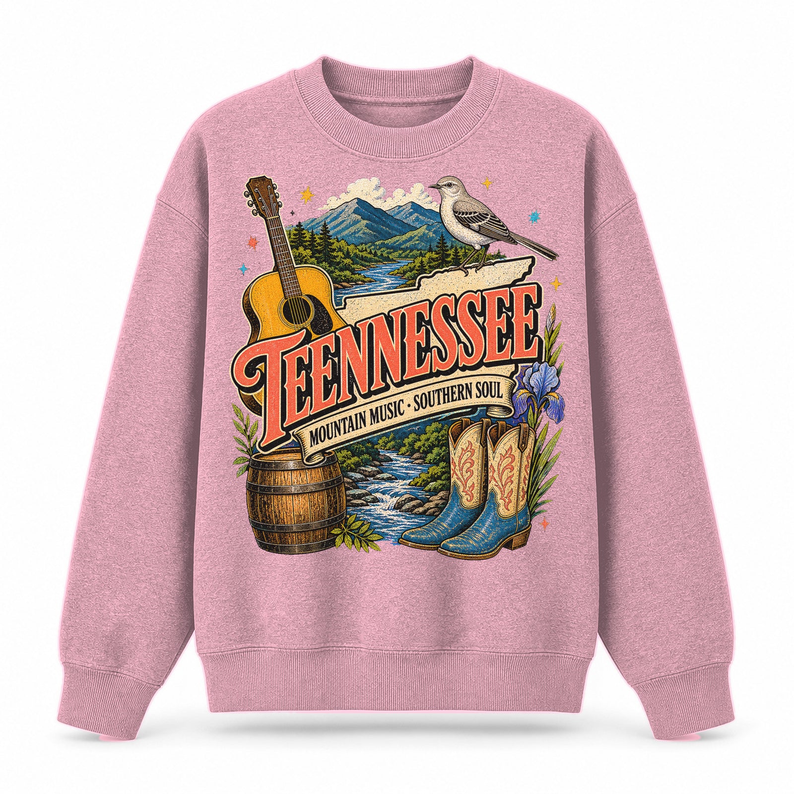 Colorful Tennessee State Collage Crewneck Sweatshirt in Pink, front view on a white background