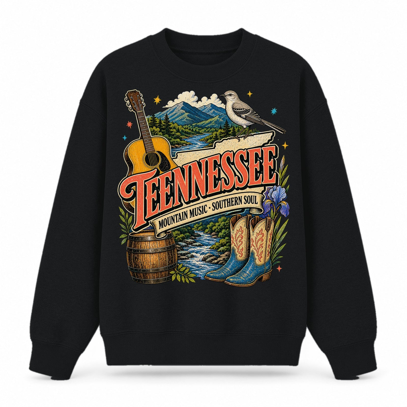 Colorful Tennessee State Collage Crewneck Sweatshirt in Black, front view on a white background