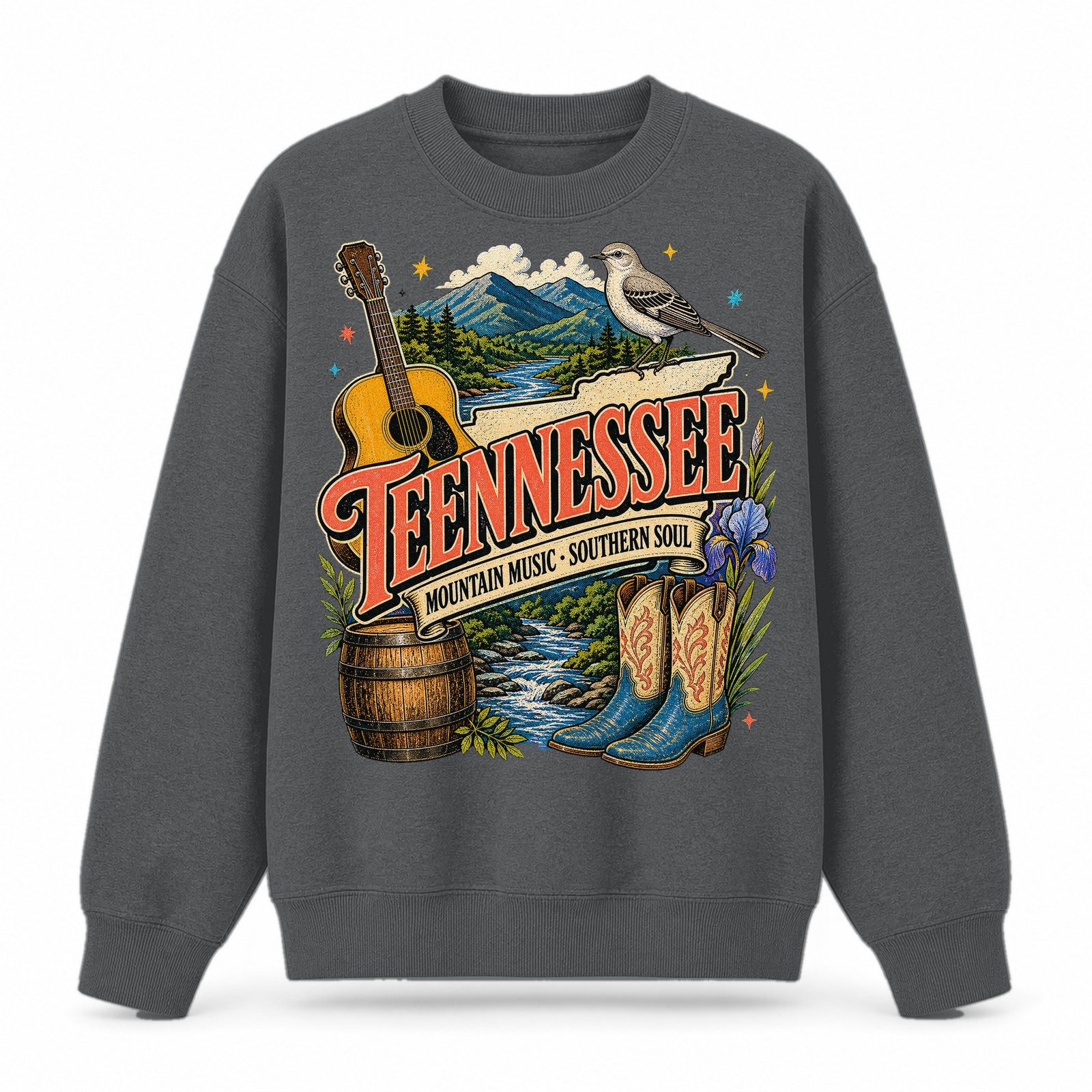 Colorful Tennessee State Collage Crewneck Sweatshirt in Dark Gray, front view on a white background