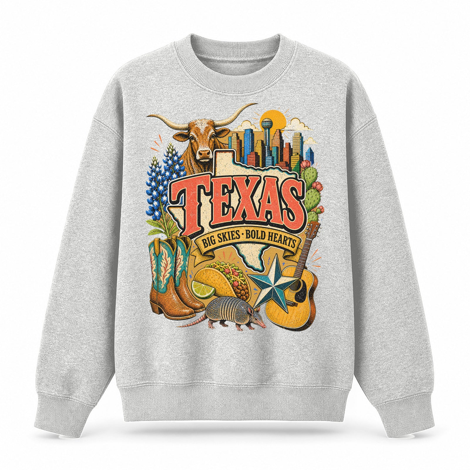 Colorful Texas State Collage Crewneck Sweatshirt in Light Gray, front view on a white background