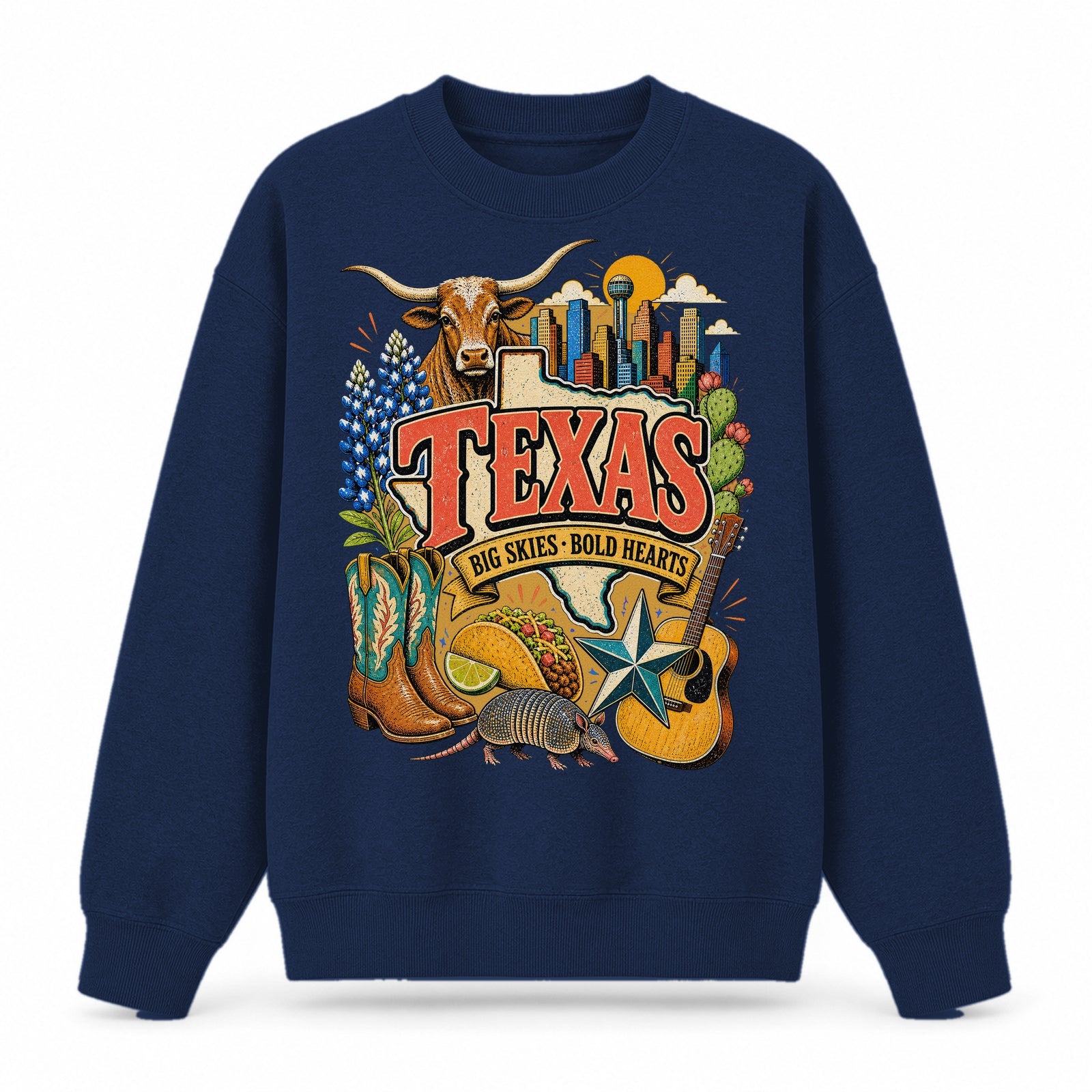Colorful Texas State Collage Crewneck Sweatshirt in Navy, front view on a white background