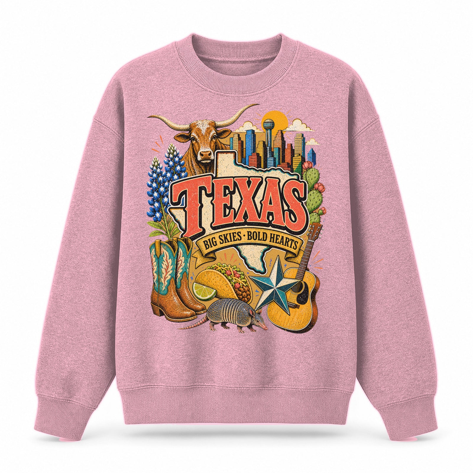 Colorful Texas State Collage Crewneck Sweatshirt in Pink, front view on a white background