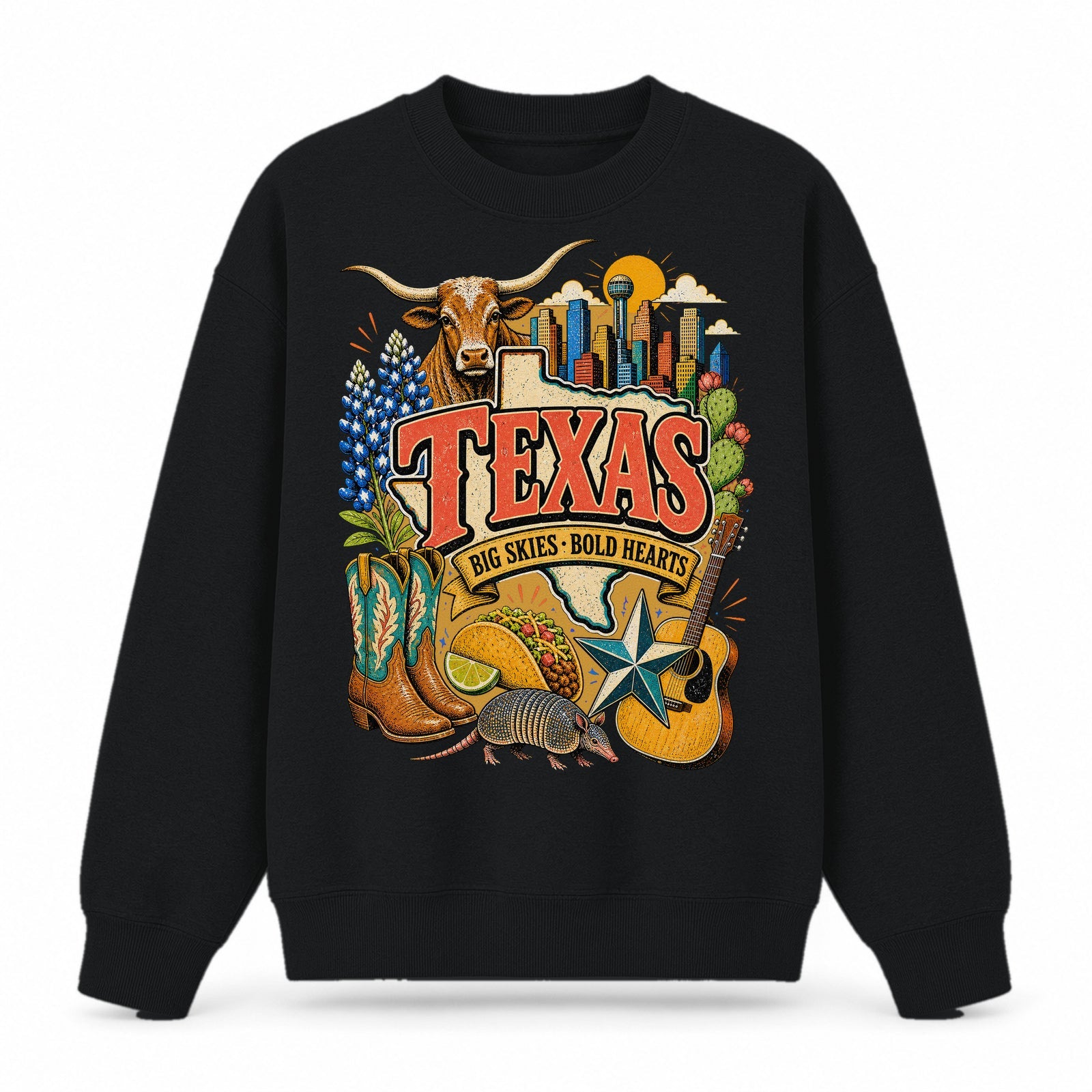 Colorful Texas State Collage Crewneck Sweatshirt in Black, front view on a white background