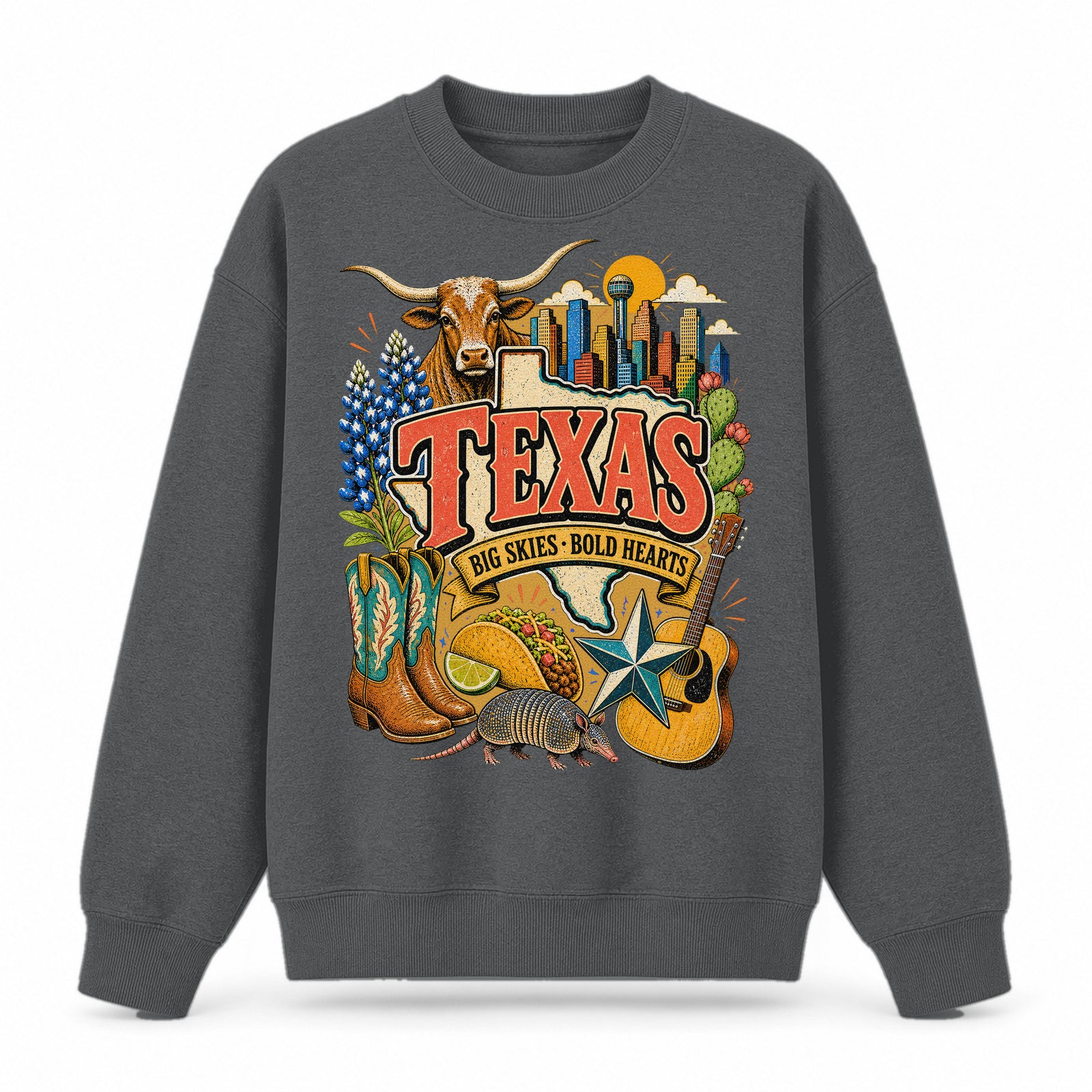 Colorful Texas State Collage Crewneck Sweatshirt in Dark Gray, front view on a white background