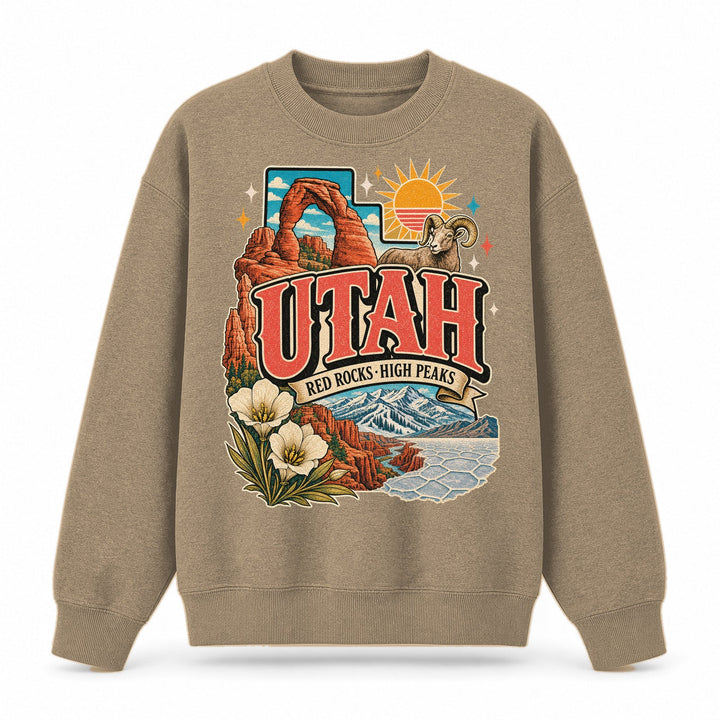 Colorful Utah State Collage Crewneck Sweatshirt in Khaki, front view on a white background