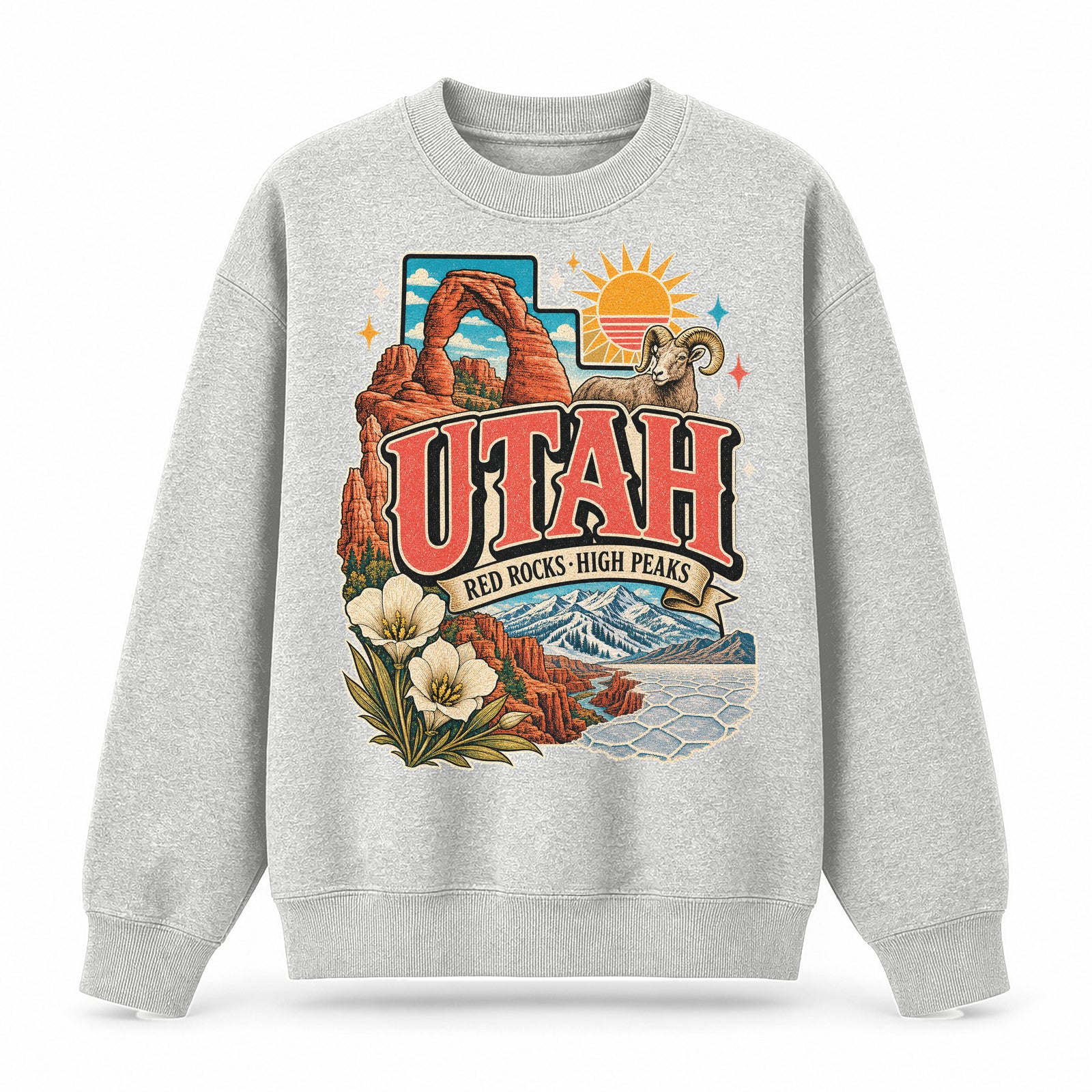 Colorful Utah State Collage Crewneck Sweatshirt in Light Gray, front view on a white background