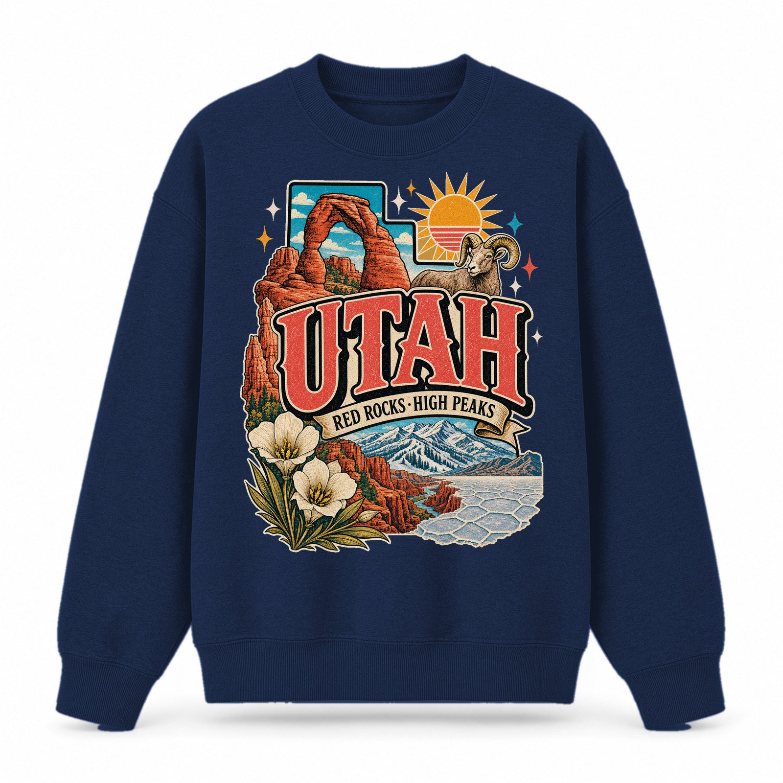 Colorful Utah State Collage Crewneck Sweatshirt in Navy, front view on a white background