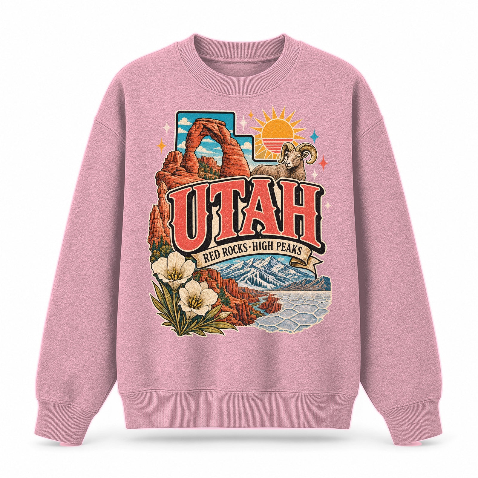 Colorful Utah State Collage Crewneck Sweatshirt in Pink, front view on a white background
