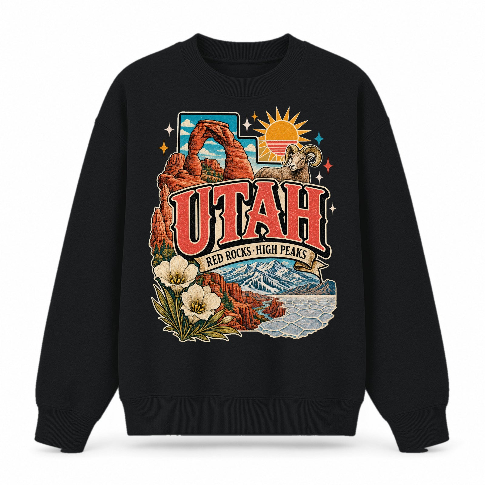 Colorful Utah State Collage Crewneck Sweatshirt in Black, front view on a white background