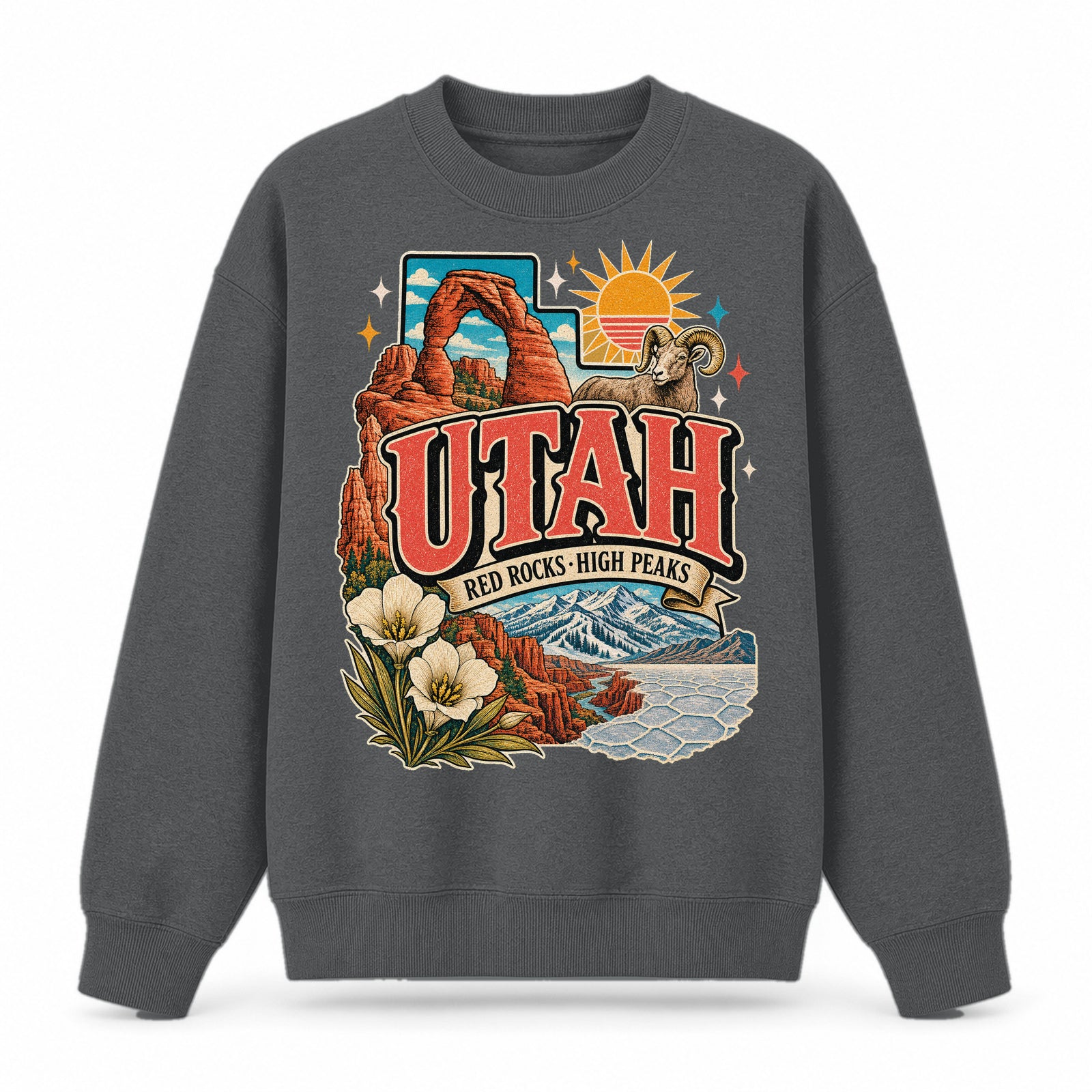 Colorful Utah State Collage Crewneck Sweatshirt in Dark Gray, front view on a white background