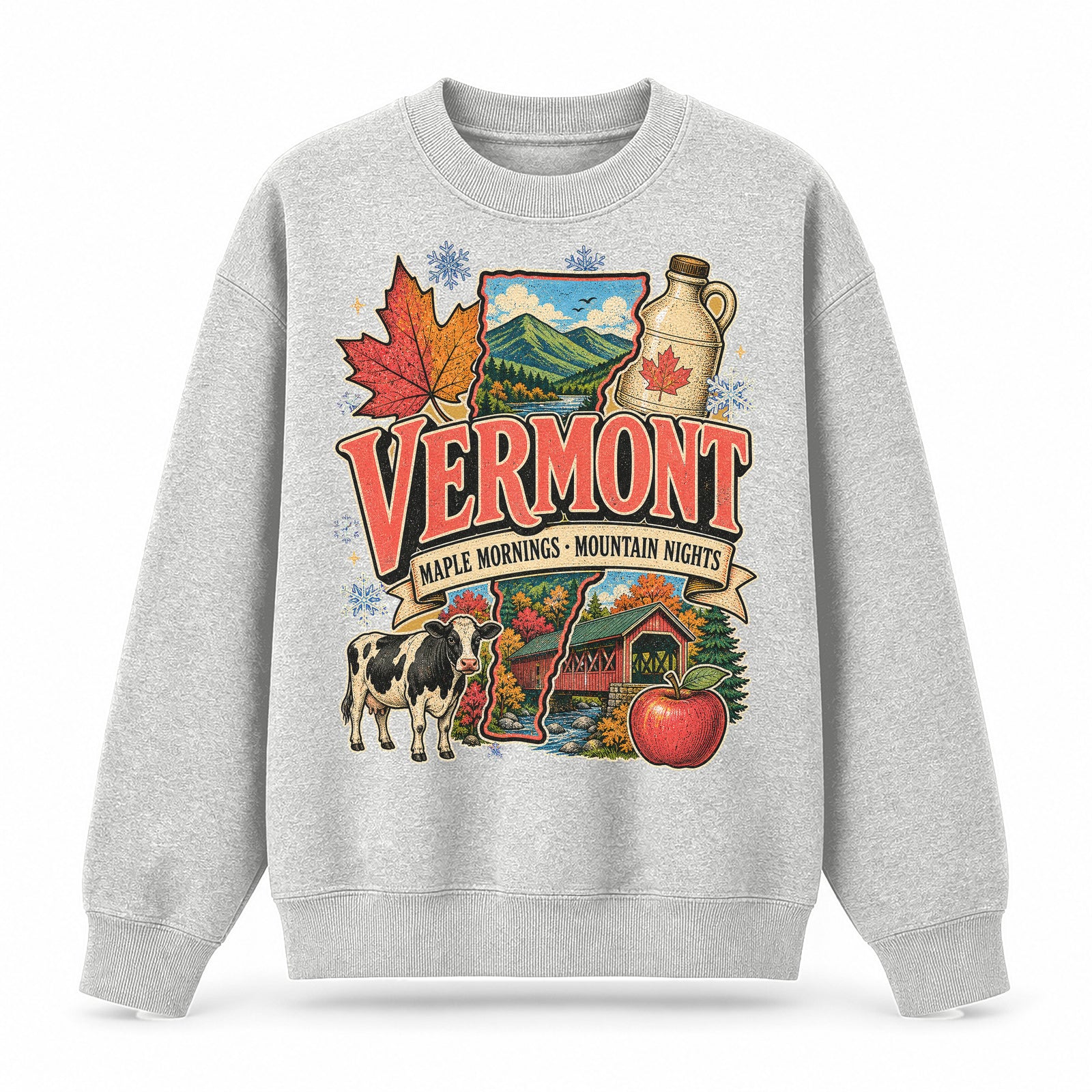 Colorful Vermont State Collage Crewneck Sweatshirt in Light Gray, front view on a white background