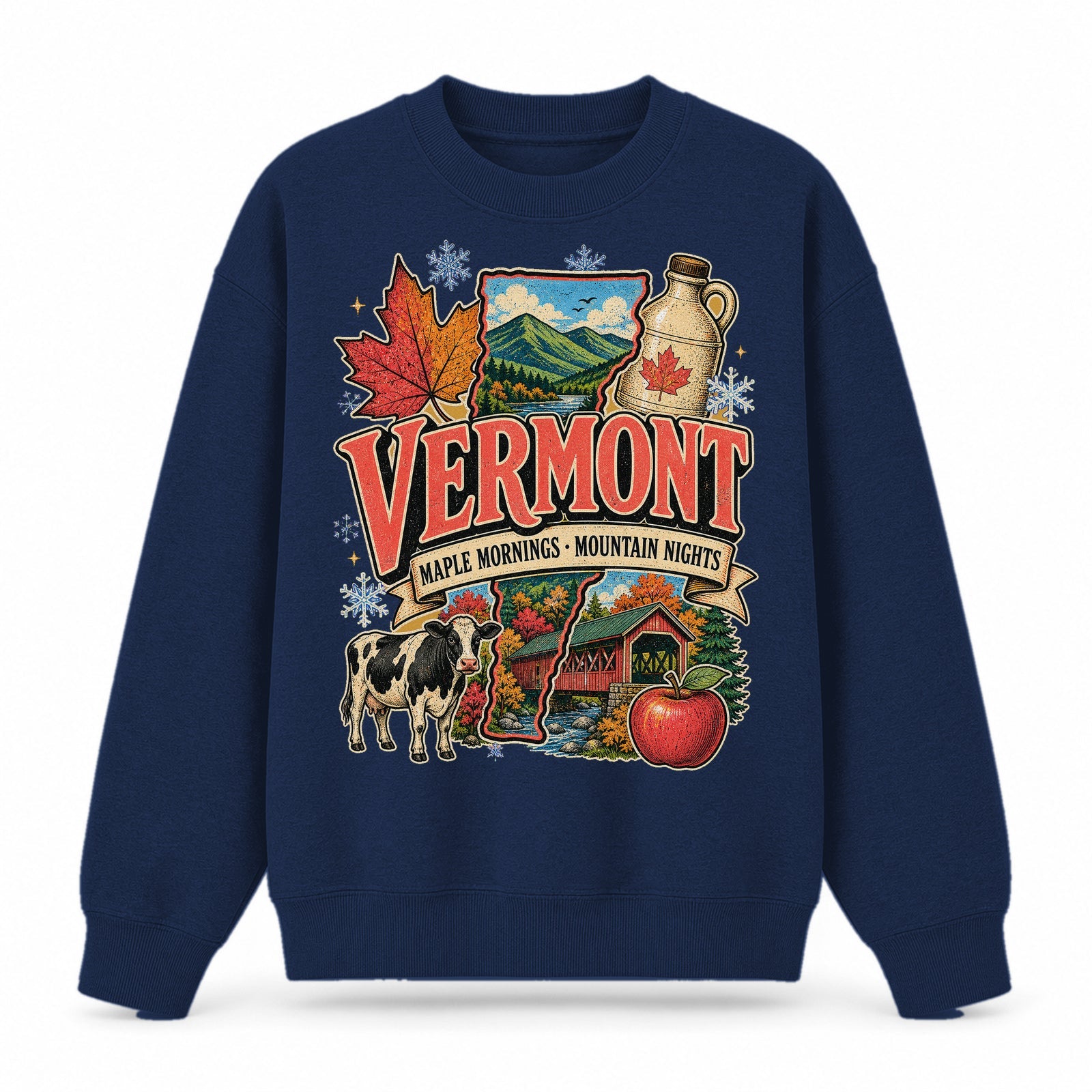 Colorful Vermont State Collage Crewneck Sweatshirt in Navy, front view on a white background