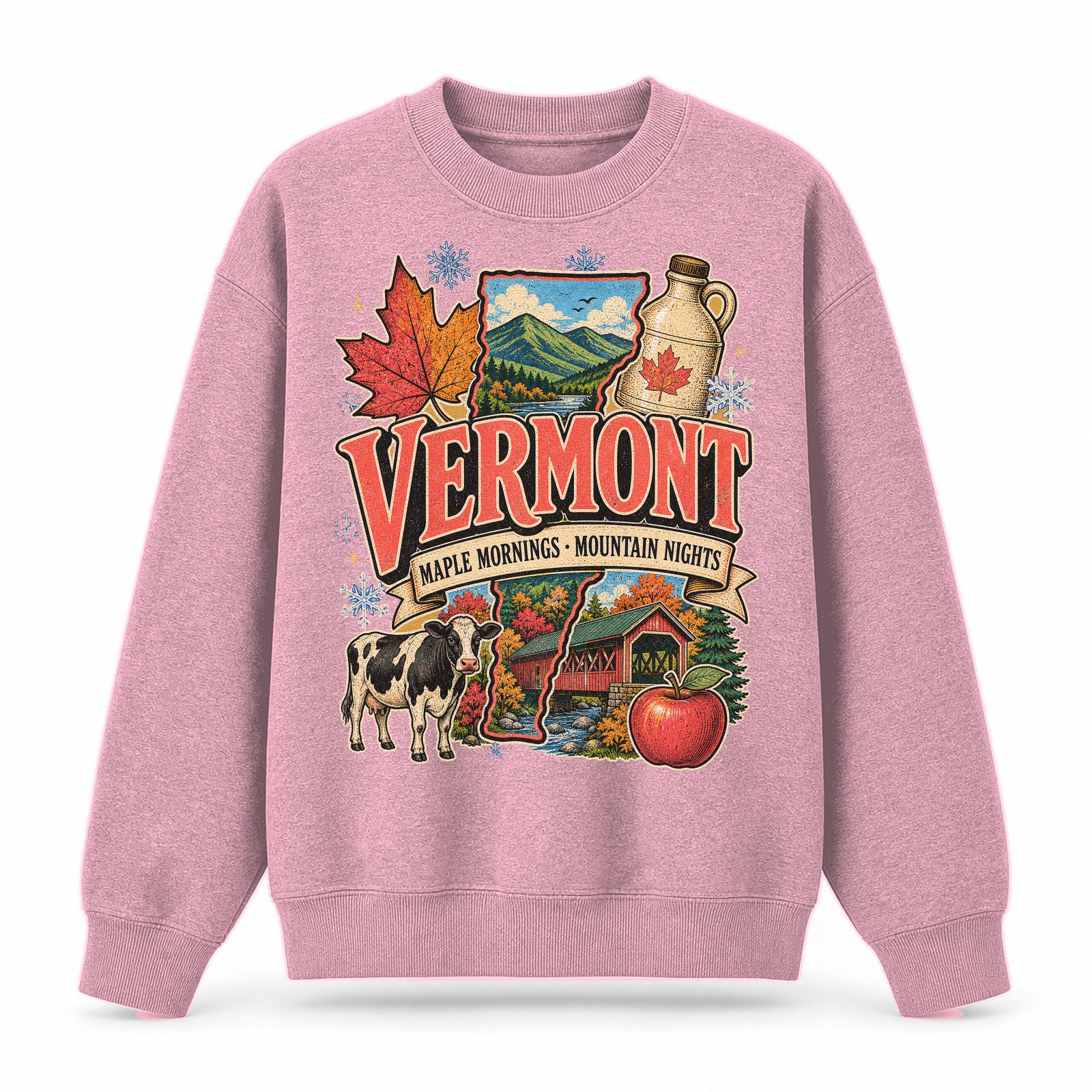 Colorful Vermont State Collage Crewneck Sweatshirt in Pink, front view on a white background