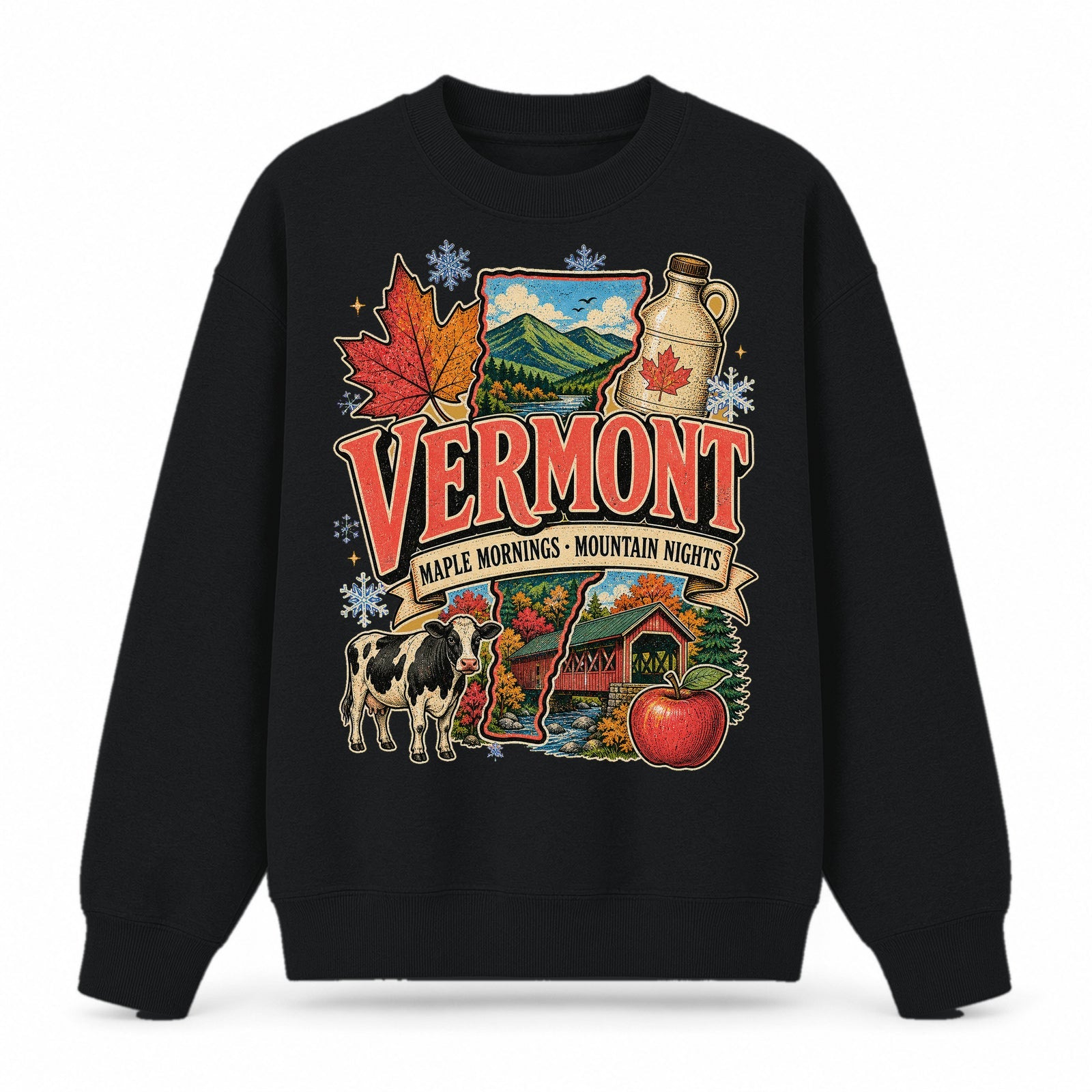 Colorful Vermont State Collage Crewneck Sweatshirt in Black, front view on a white background