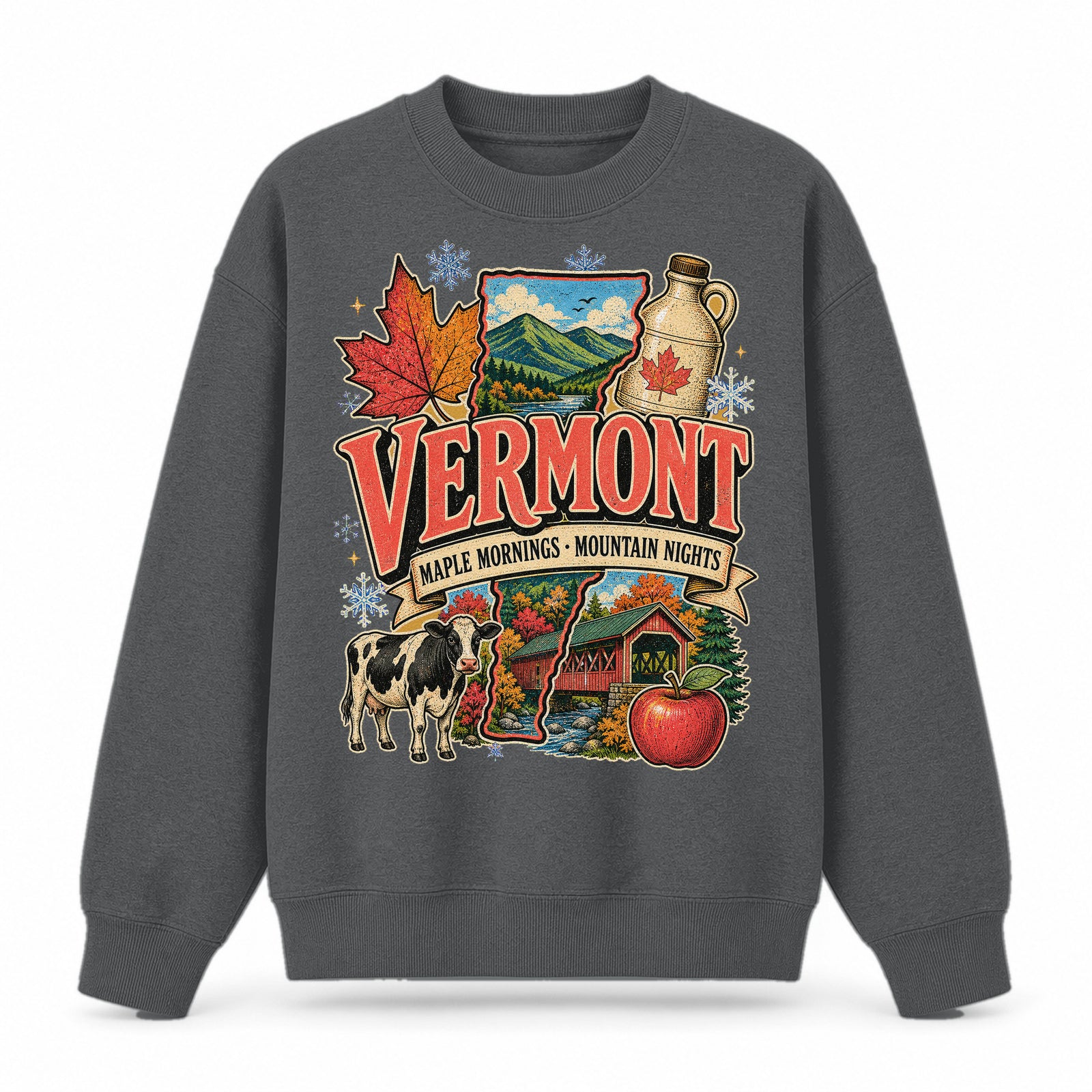 Colorful Vermont State Collage Crewneck Sweatshirt in Dark Gray, front view on a white background
