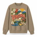 Colorful Virginia State Collage Crewneck Sweatshirt in Khaki, front view on a white background