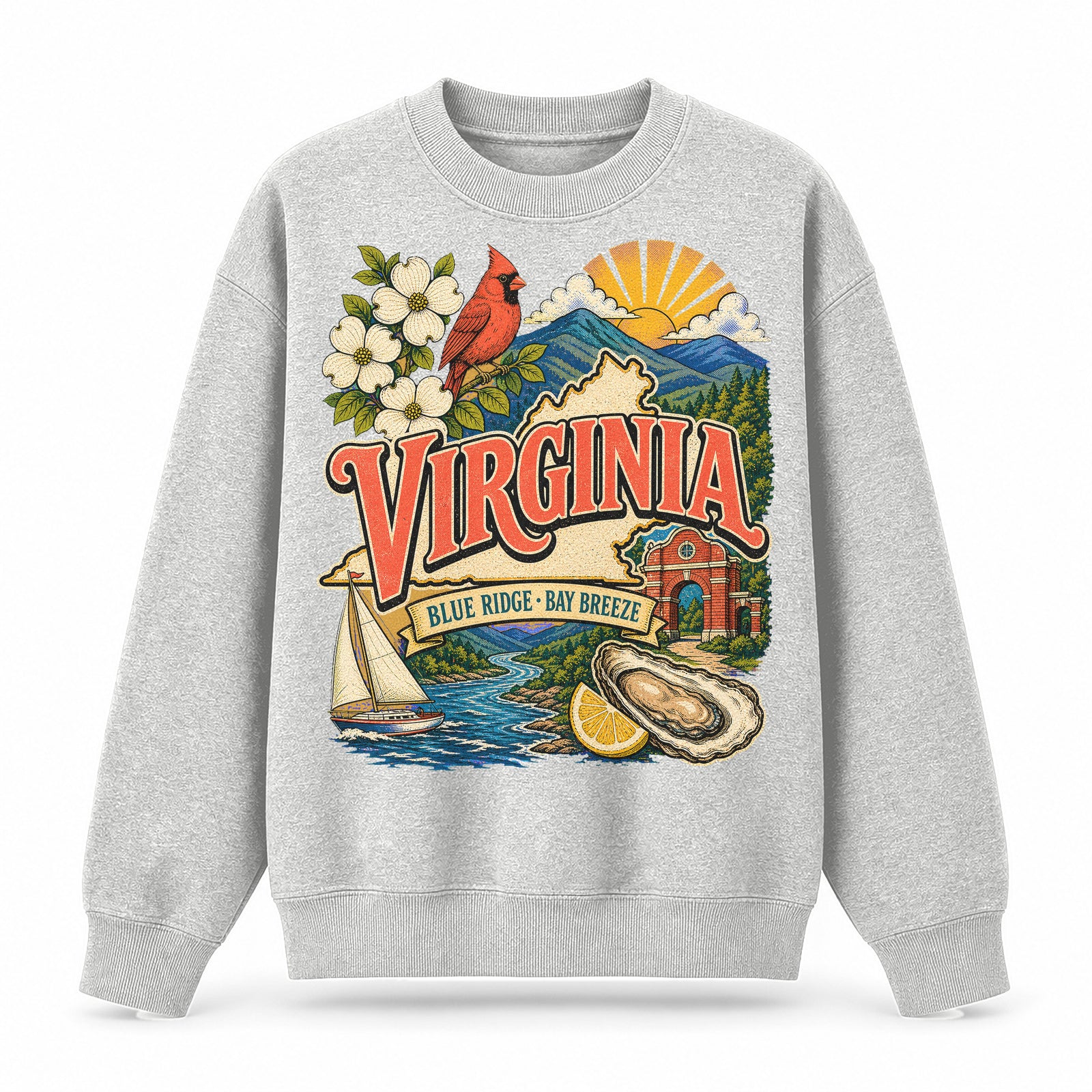 Colorful Virginia State Collage Crewneck Sweatshirt in Light Gray, front view on a white background