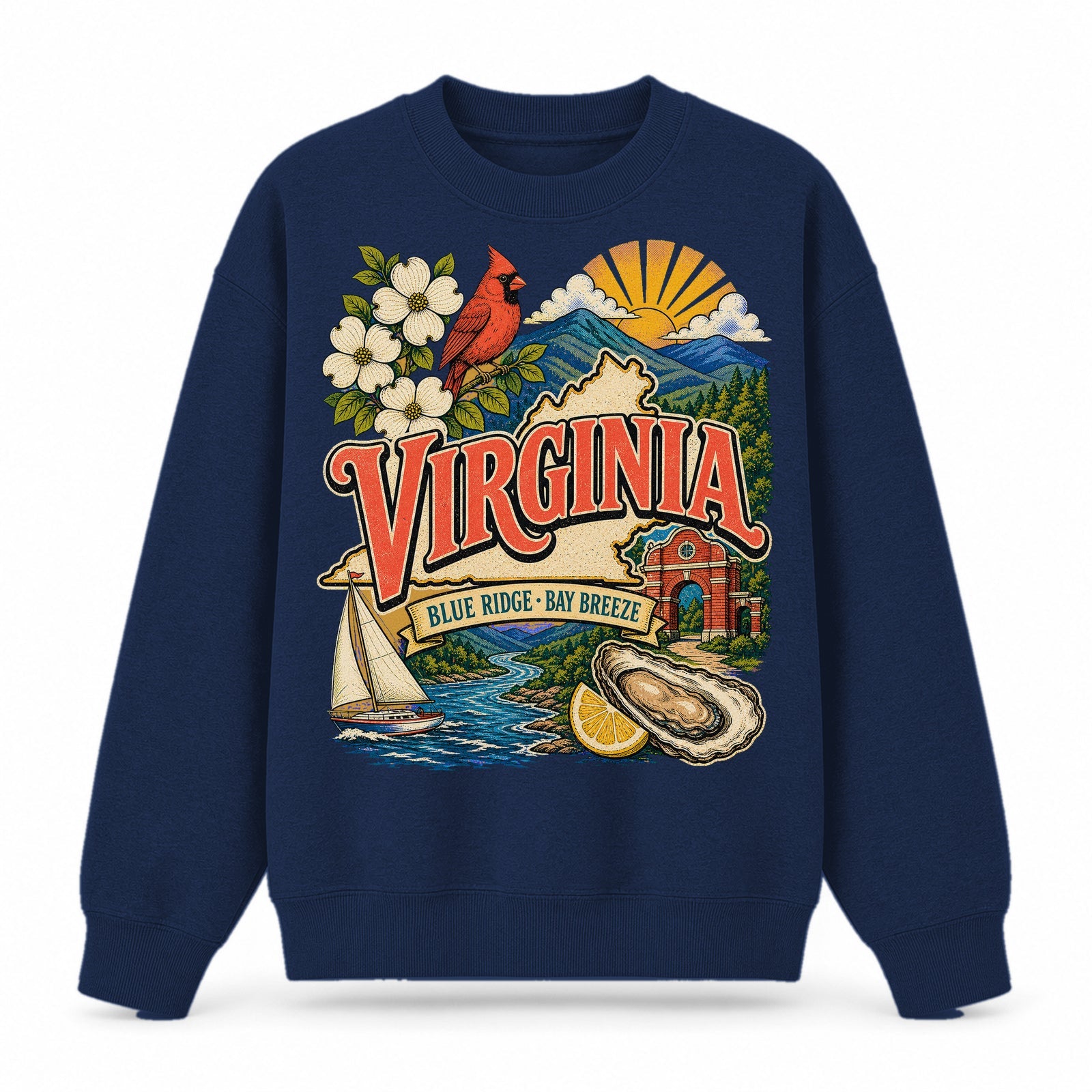 Colorful Virginia State Collage Crewneck Sweatshirt in Navy, front view on a white background